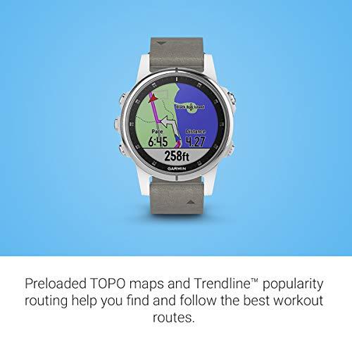 Garmin Garmin fenix 5S Plus, Smaller-Sized Multisport GPS Smartwatch, Features Color Topo Maps, Heart Rate Monitoring, Music Contactless Payment, Silver/White with Gray Suede Band