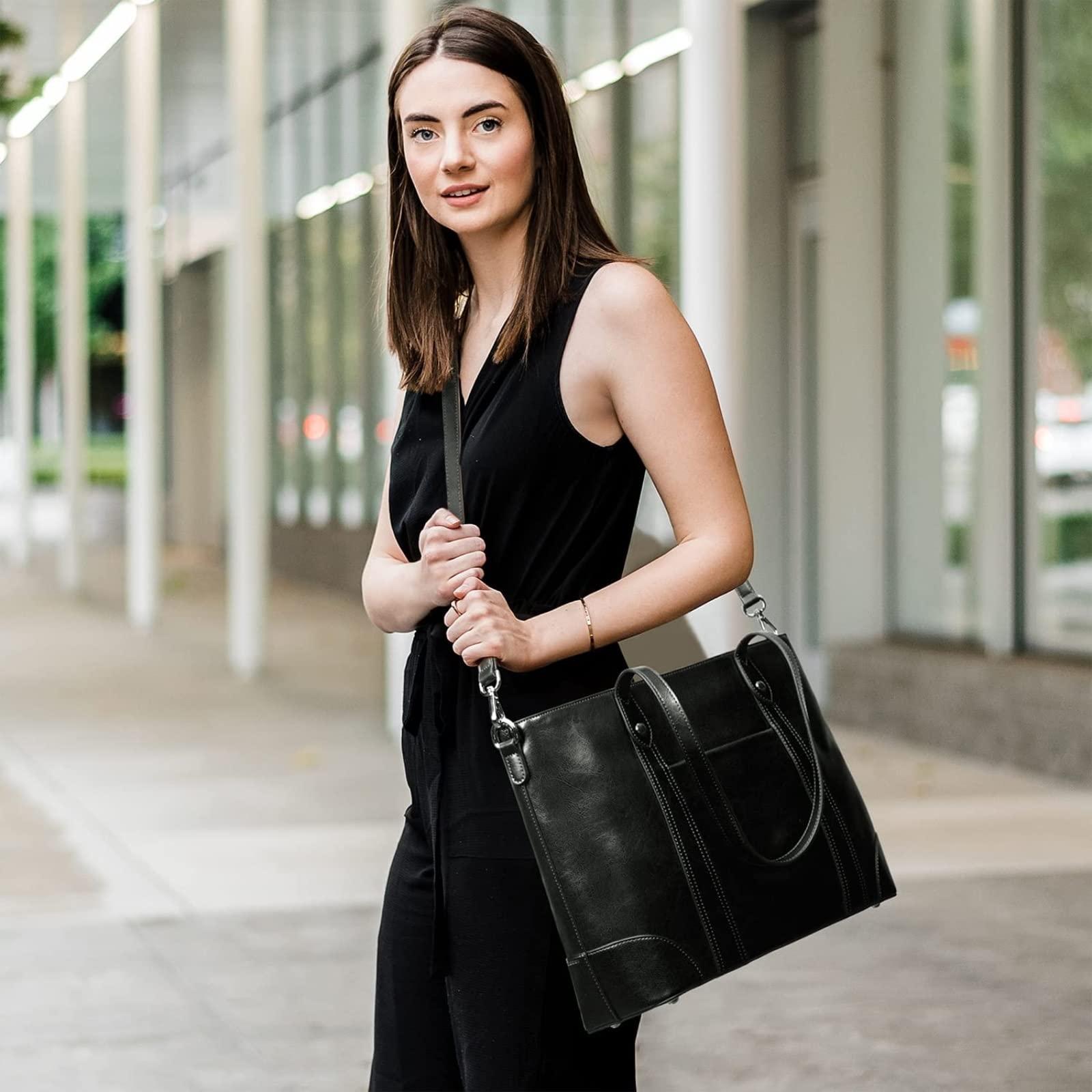 S-ZONE S-ZONE Leather Tote Bag for Women Office Shoulder Handbag 15.6 Inch Work Laptop Briefcase (Black)