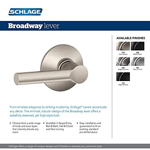 SCHLAGE Schlage F40 BRW 619 Broadway Door Lever, Bed & Bath Privacy Lock, Satin Nickel