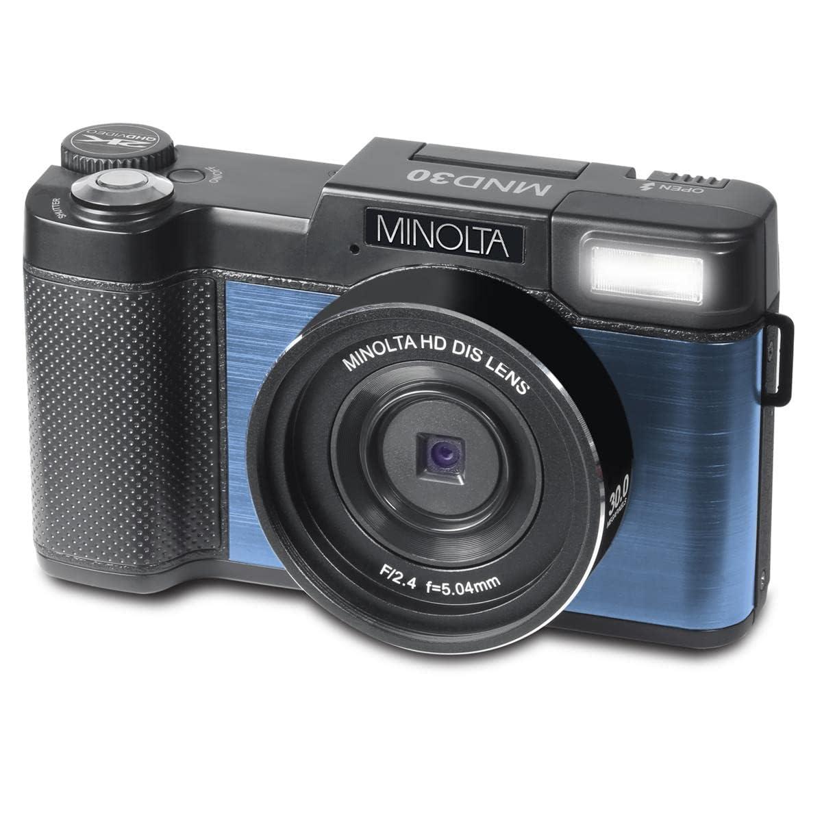 Minolta Minolta MND30 30MP 2.7K QHD 3.0" LCD Screen Digital Camera, Black with Micro SD Card and Slinger Camera Bag (Blue)
