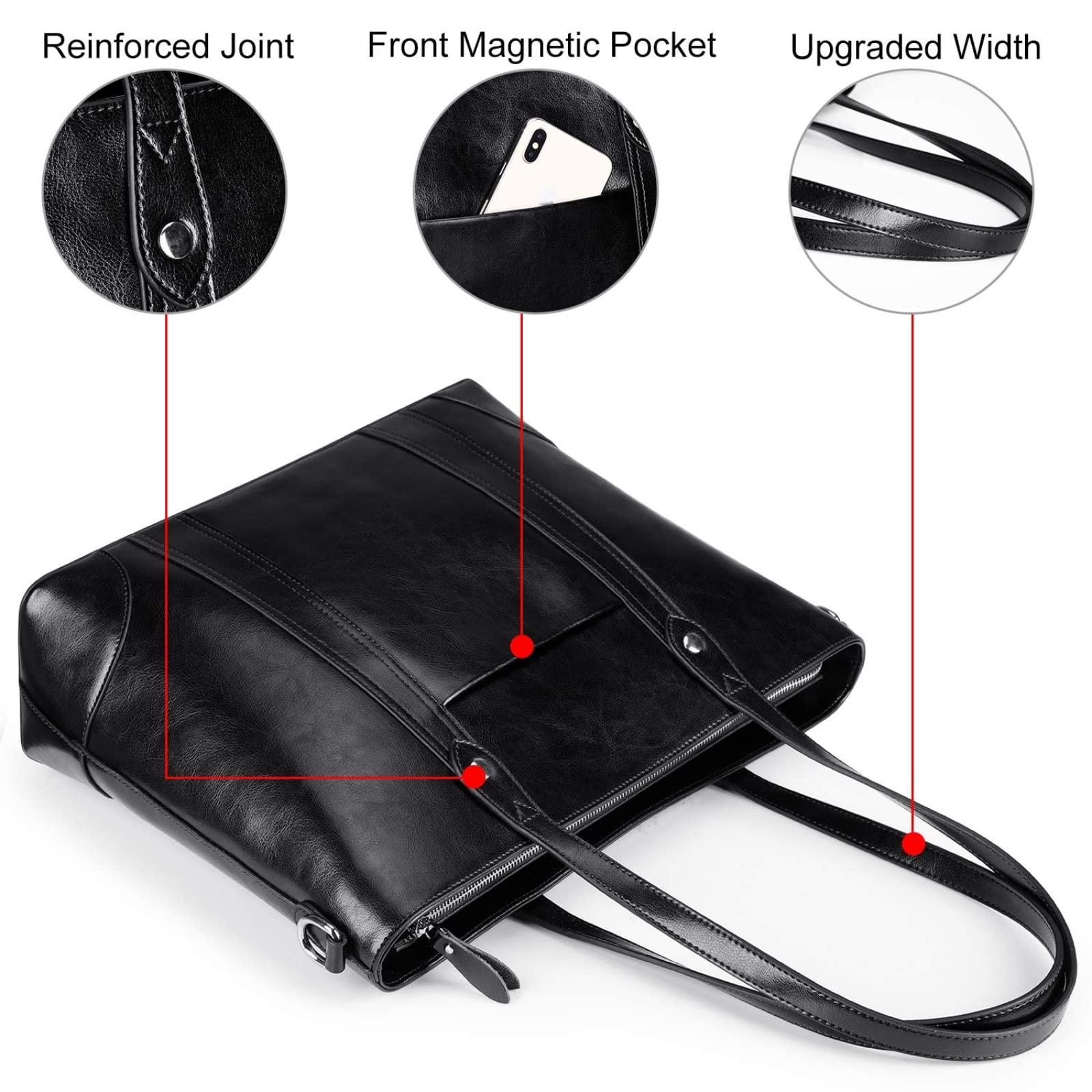 S-ZONE S-ZONE Leather Tote Bag for Women Office Shoulder Handbag 15.6 Inch Work Laptop Briefcase (Black)