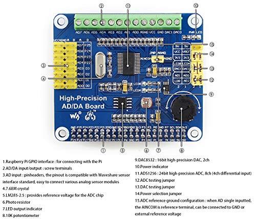waveshare High-Precision AD/DA Expansion Board for Raspberry Pi 4B/3B+/3B/2B/Zero/W/Zero WH and Jetson Nano,Add High-Precision AD/DA Functions to Pi. Onboard ADS1256 8-CH 24bit ADC and DAC8532 2-CH 16bit DAC