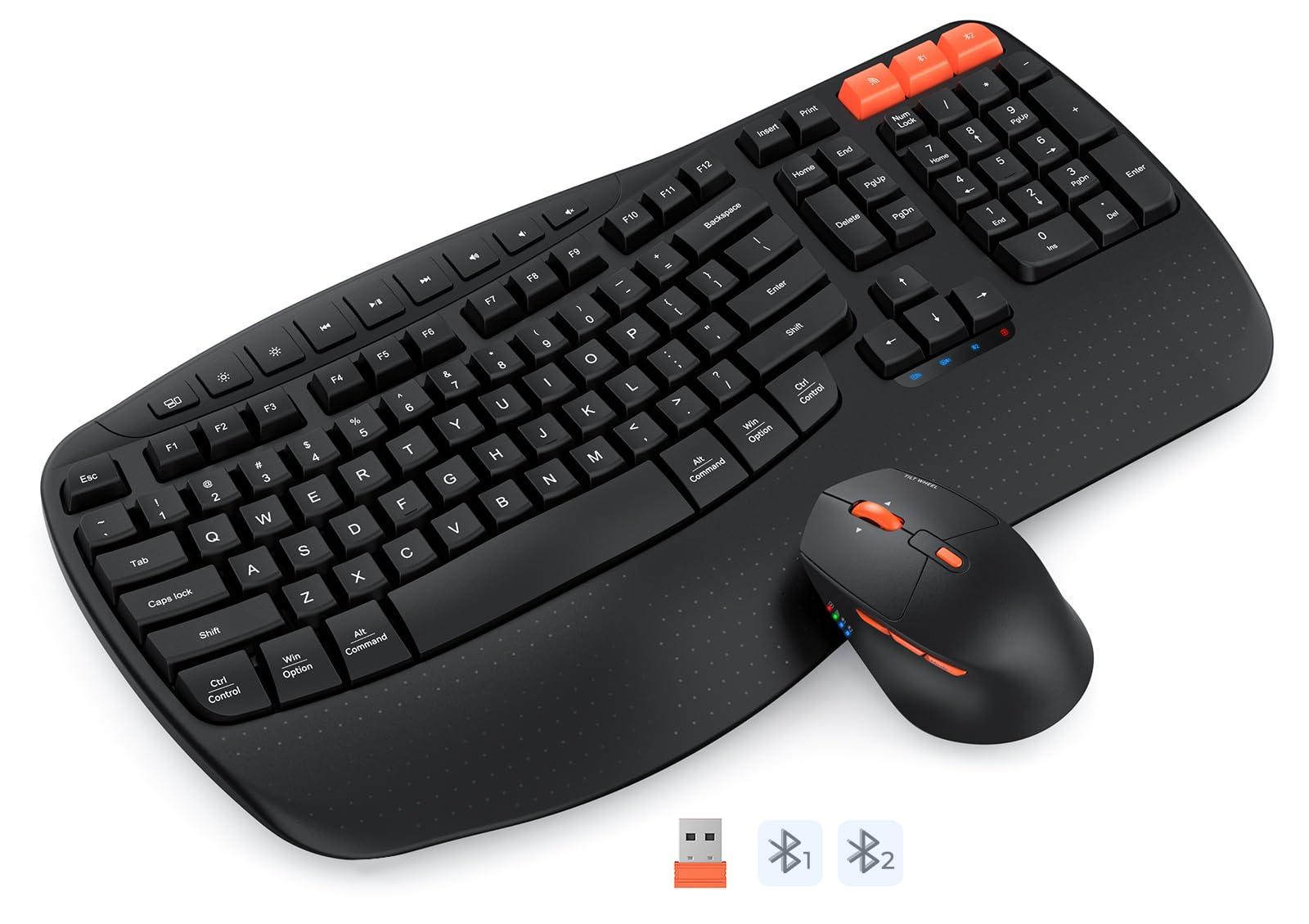 MEETION MEETION Wave Ergonomic Keyboard and Mouse Wireless, USB/Bluetooth Wave Ergo Keyboard with Wrist Rest, 4 DPI Adjustable Swing Wheel Silent Wireless Mouse Rechargeable for Windows/Mac/Android Director-D