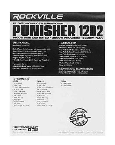 Rockville Rockville Punisher 12D2 12" 5600w Peak Car Audio Subwoofer Dual 2-Ohm Sub 1400w RMS CEA Rated, Black