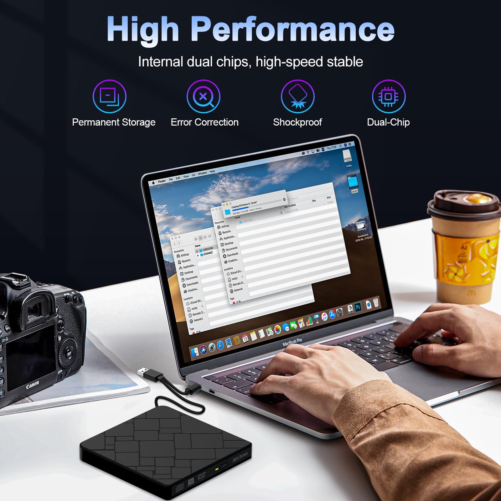 Beizkna External CD DVD Drive for Laptop USB 3.0 & Type-C Portable CD DVD Player for CD ROM +/-RW Burner Reader Writer Optical Disc Drive for Laptop Desktop PC Windows 11/10 Linux Mac OS Apple MacBook Pro