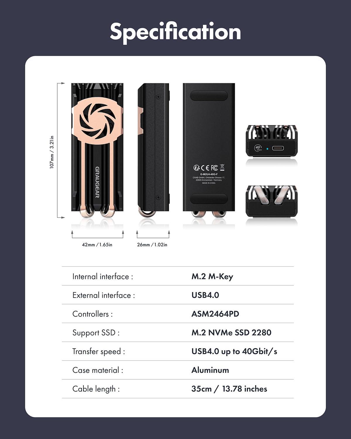 GRAUGEAR GRAUGEAR 40Gbps M.2 NVMe SSD Enclosure, USB4 NVMe SSD Enclosure with Cooling Fan and Dual-Pipe Heatsink Aluminum, Thunderbolt 4/3, ASM2464PD Chip