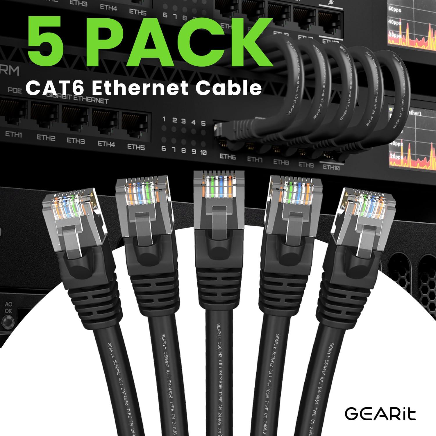 GearIT GearIT Cat 6 Ethernet Cable (5-Pack 100 Feet) Cat6 Network Patch, 10Gbps, RJ45, Snagless Cord, Gold-Plated Connectors, Internet for PC, TV, Tablet, Router, Printer, Servers, IT Data Center - Black