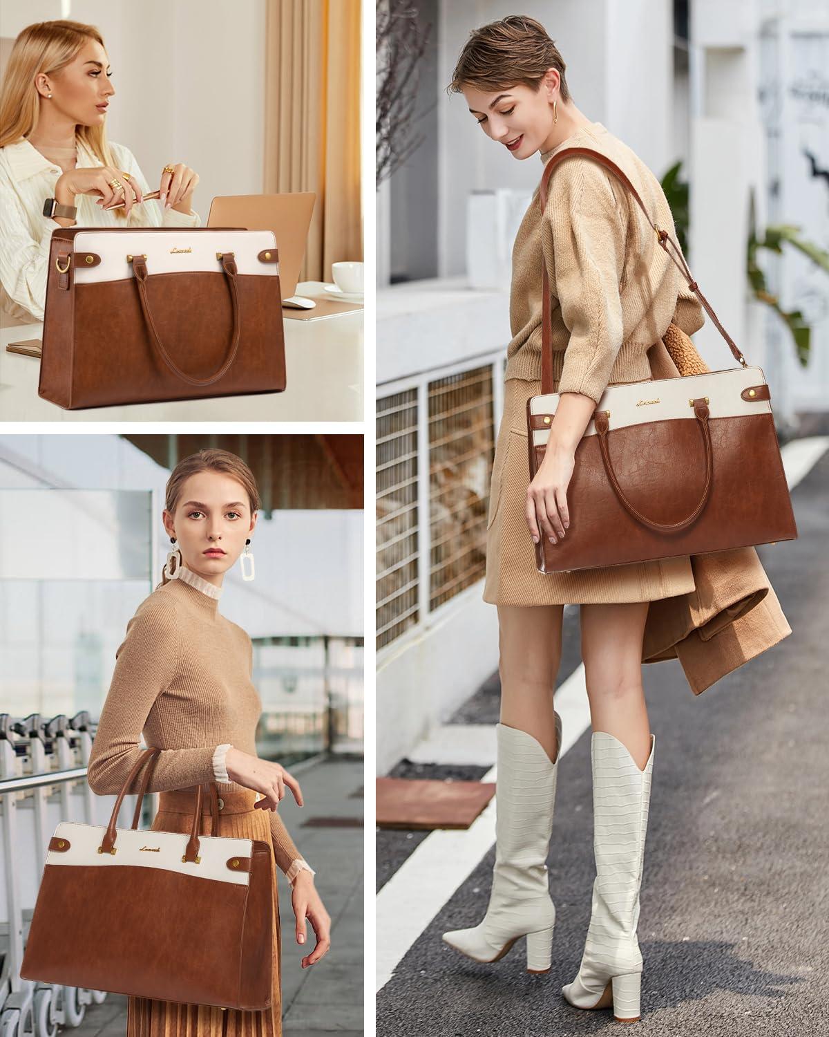 LOVEVOOK LOVEVOOK Laptop Bag for Women, Vintage Leather Laptop Tote Bag Work Bags for Women, Waterproof Computer Bag Business Office Briefcase Large Shoulder Handbag Purse, 17 Inch, Brown-Beige