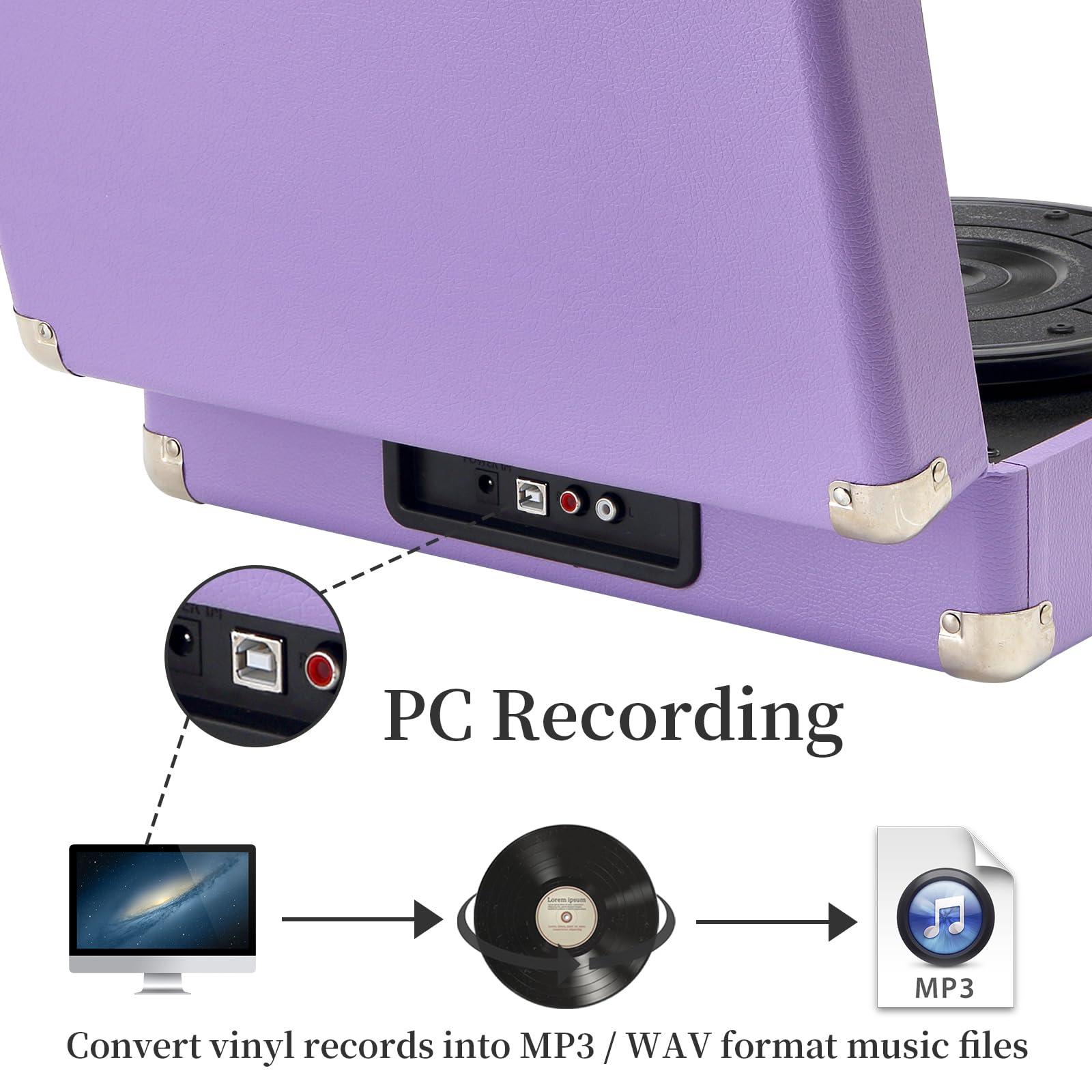 JORLAI JORLAI Record Player 3 Speed Vinyl with Bluetooth Vintage Turntable Built in Battery Portable Suitcase Support Aux in RCA Line Out Headphone Jack Purple