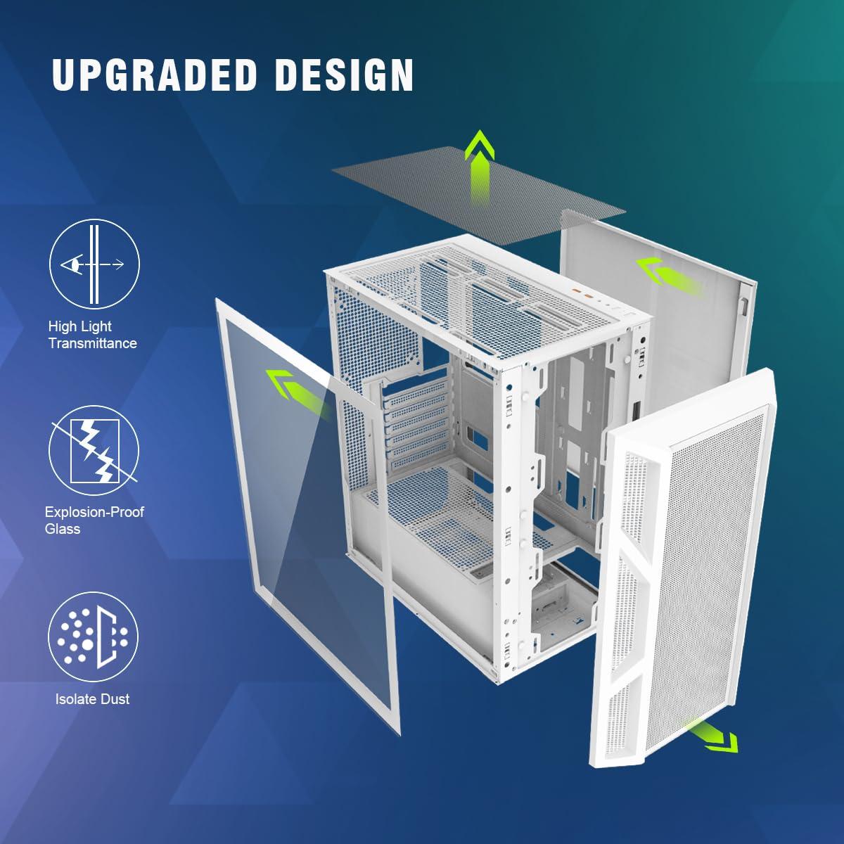 RUIX RUIX CV103 ATX Mid-Tower PC Case, Pre-Installed 4 x 120mm RGB Fans, RGB Color Lighting, Tempered Glass, USB 3.0, Gaming Computer Case, High-Airflow - White