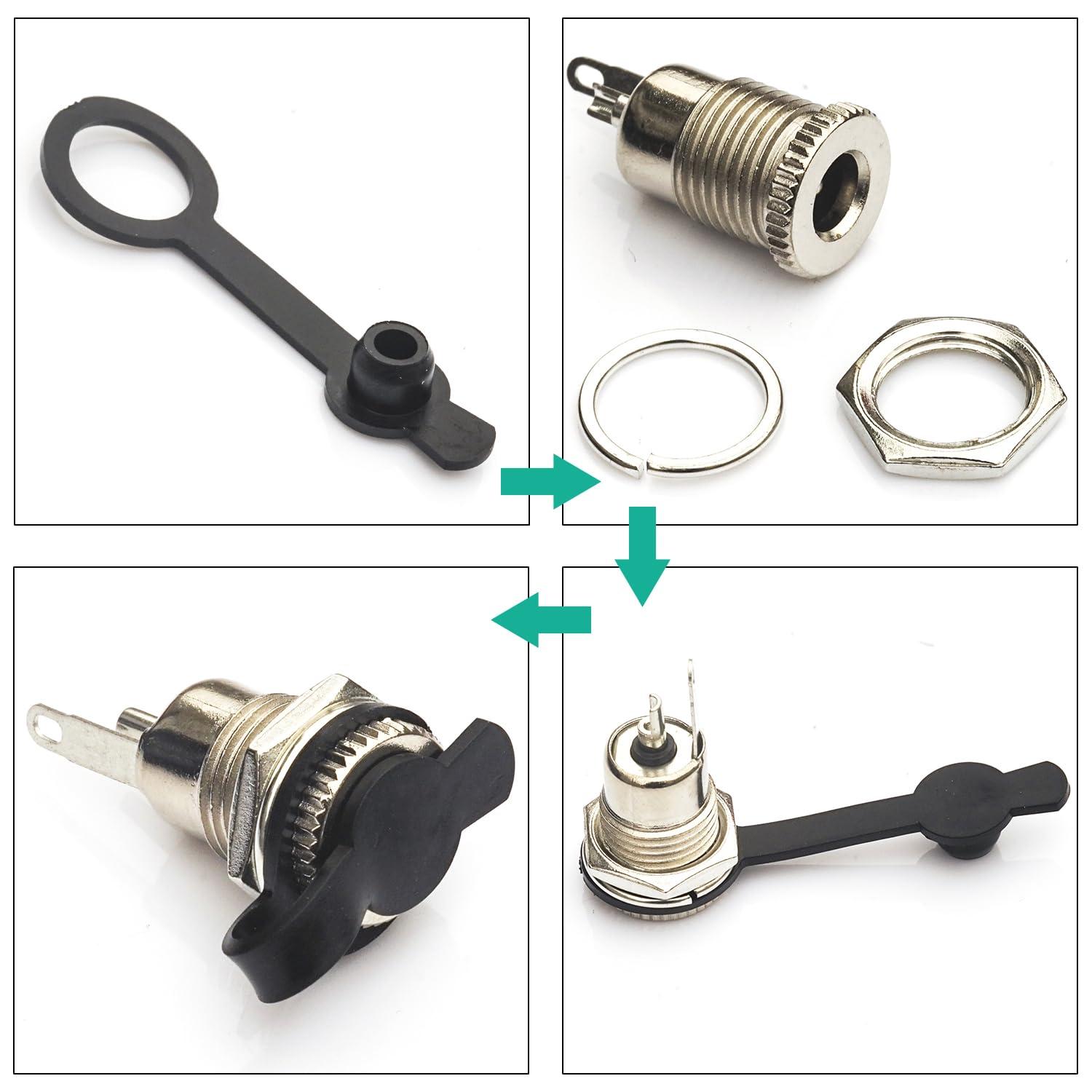 Kidisoii Kidisoii DC Power Jack Connector Assorted Kit, 5.5x2.1mm DC Power Supply Jack Socket Male Female Panel Mount Connector with Waterproof Cap & Hex Nut DC022B DC022D DC099 DC022 DC025 (DC-Cap-Kit)