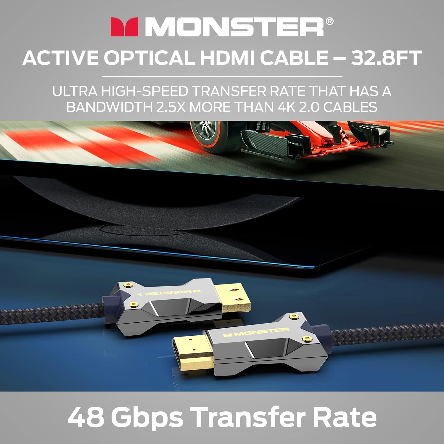 Monster Monster M-Series Active Optical Cable Lightwave Certified Premium HDMI 2.1-48 Gbps Cable with Aluminum Extrusion Connector, V-Grip, Duraflex Protective Jacket - Supports 8K @ 60HZ, 4K @ 120HZ, 32.8 FT