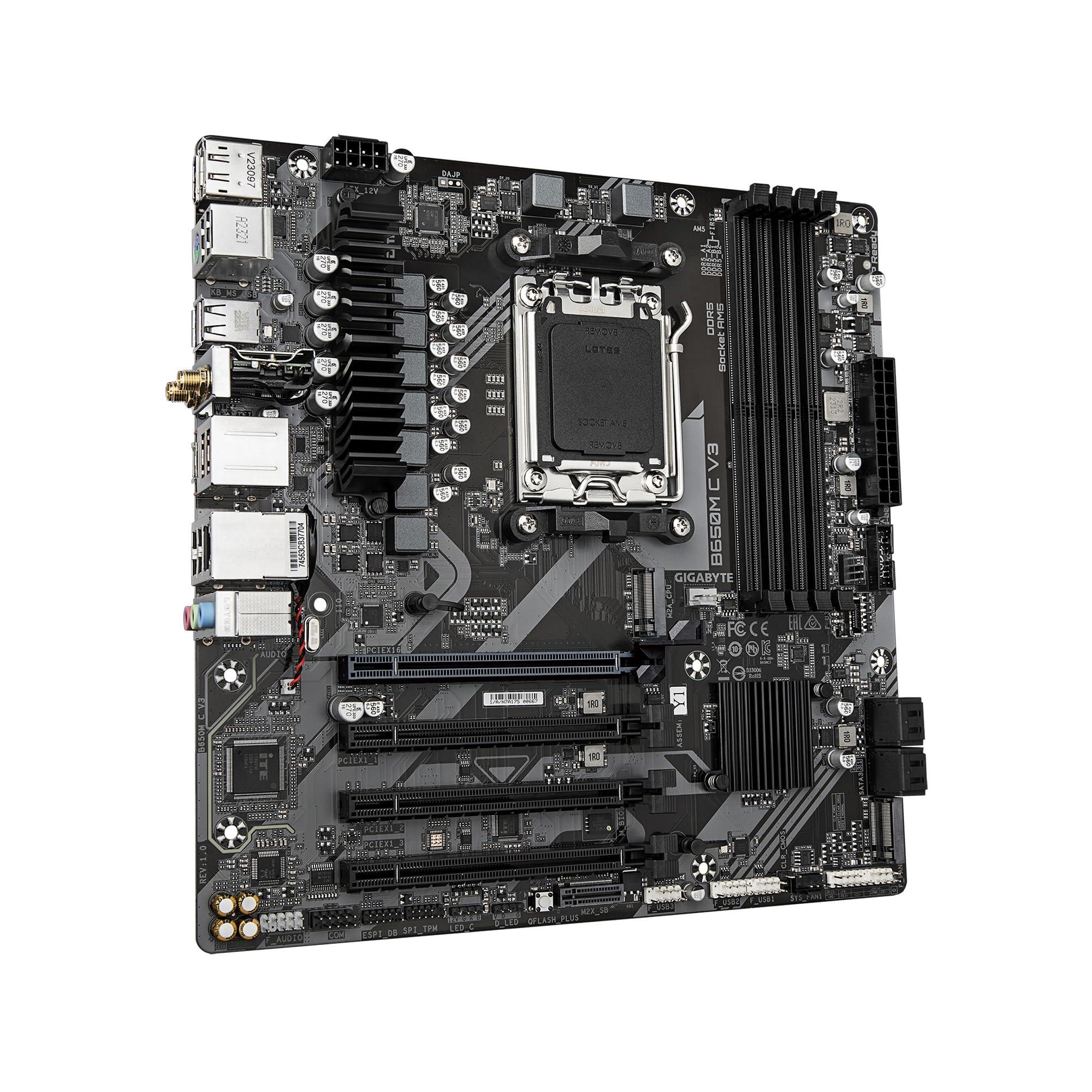 GIGABYTE GIGABYTE B650M C V3 (rev. 1.0) AM5 LGA 1718 AMD B650 M-ATX Motherboard with 5-Year Warranty, DDR5, PCIe 4.0 M.2, PCIe 4.0, USB 3.2 Gen1 Type-C, 1GbE LAN, Q-Flash Plus, EZ-Latch