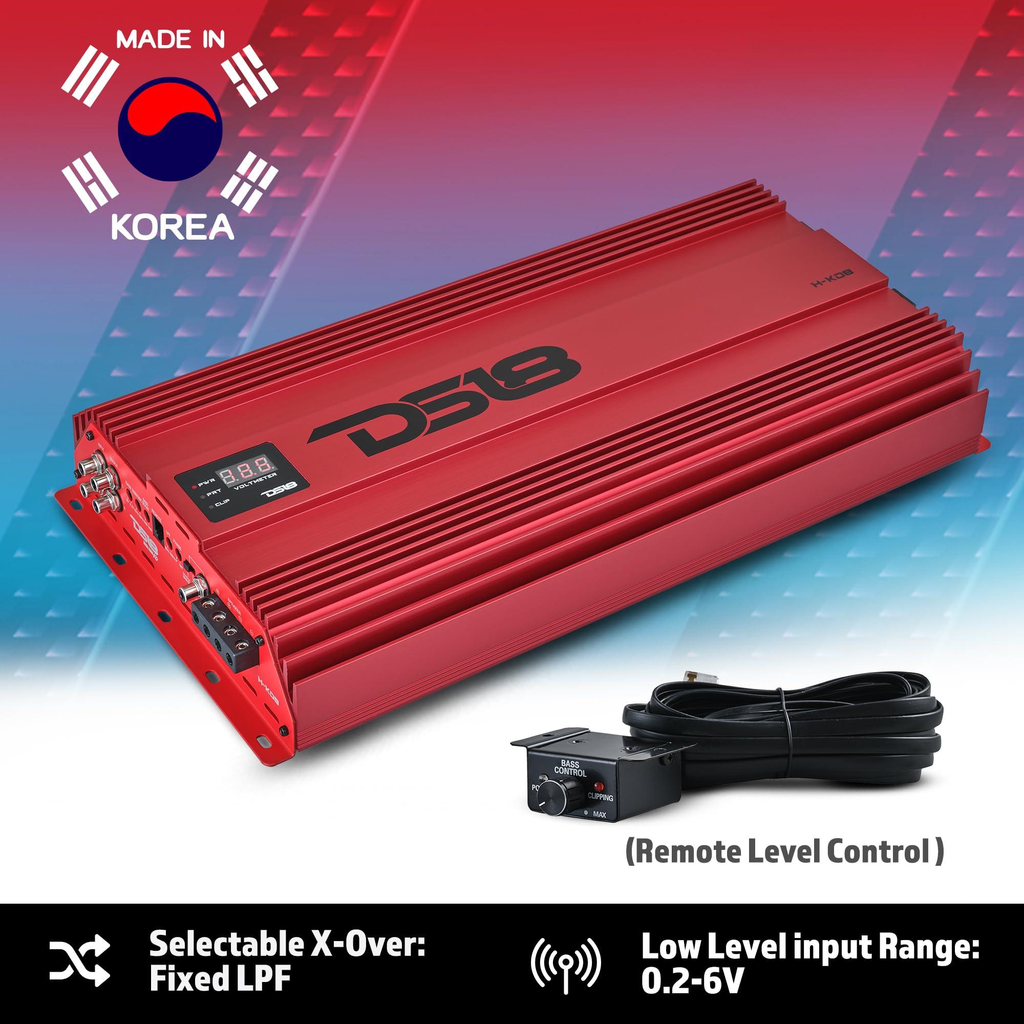 DS18 DS18 H-KO8/RD Korean Half Bridge 1-Channel Monoblock Amplifier with Voltmeter and Clip Indicator, 8000 Watts RMS - High-Performance Car Amp, Remote BASS Knob Included