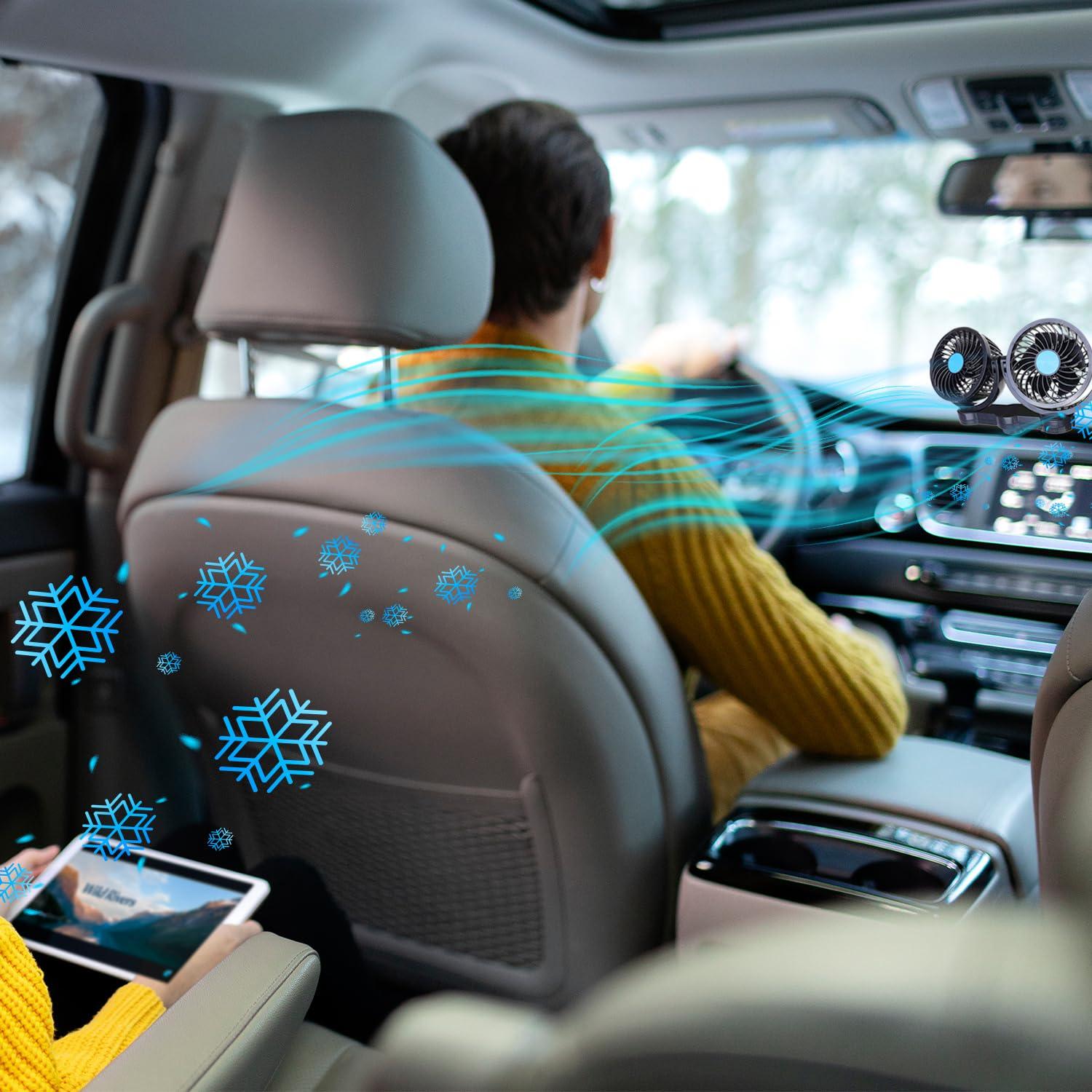 Zone tech ZONETECH Car Cooling Air Fan 12V- Dual Head Car Auto Electric Cooling Air Fan for Rear Seat (Black 1 pack)