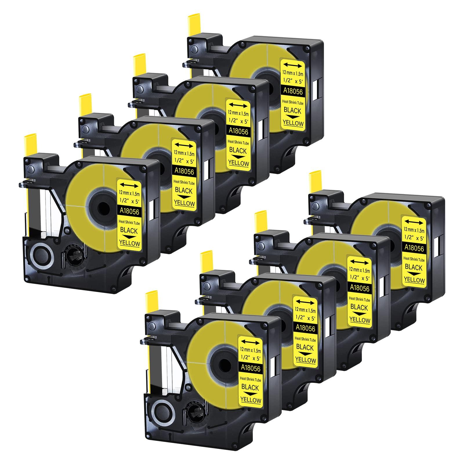 Cruxer 8 Pack Compatible with Dymo Rhino Heat Shrink Tube Labels 18056, 1/2" x 4.9' 12mm 1.5m Work with DYMO Rhino 4200 5200 6000 Industrial Label Makers, 18056 Heat-Shrink Label Tape Black on Yellow