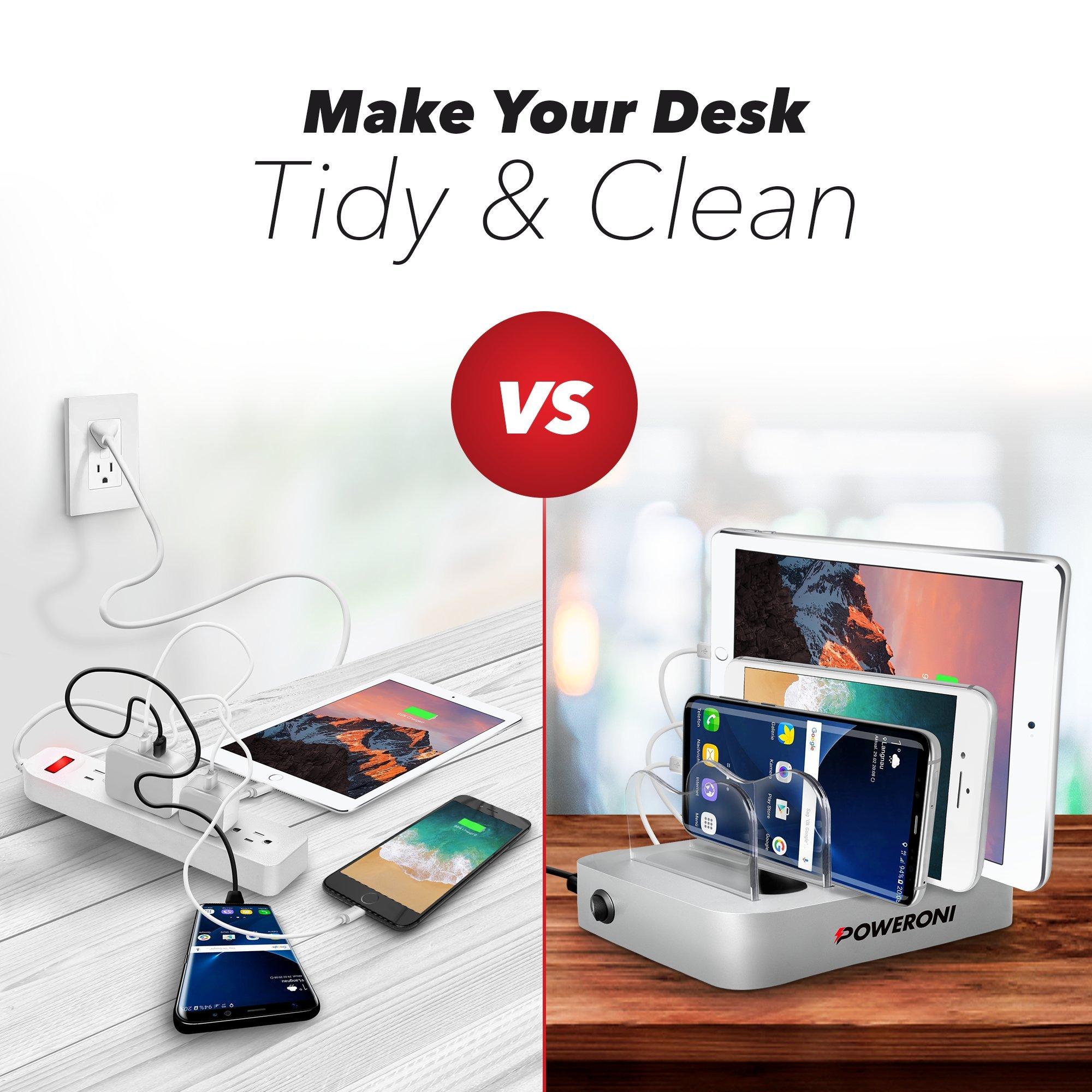 Poweroni Poweroni 4 Port USB Charging Station - Fast Charging Dock for Multiple Devices Apple - Multi Device Charger Station - Compatible with Apple iPad, iPhone, Android, and Tablet - Charging Rack