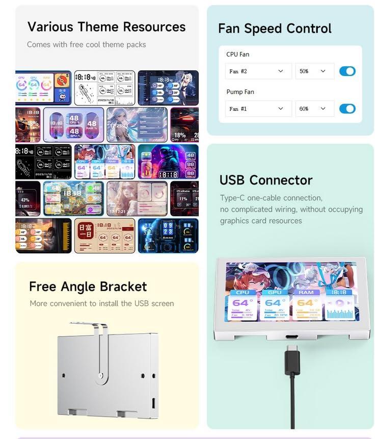 waveshare waveshare 5inch USB Monitor IPS Panel 800x480 Resolution, PC Case Secondary Screen/Desktop RGB Ambient Screen Supports Music Spectrum Analysis Function CNC Metal Case Type-C Interface, Silver