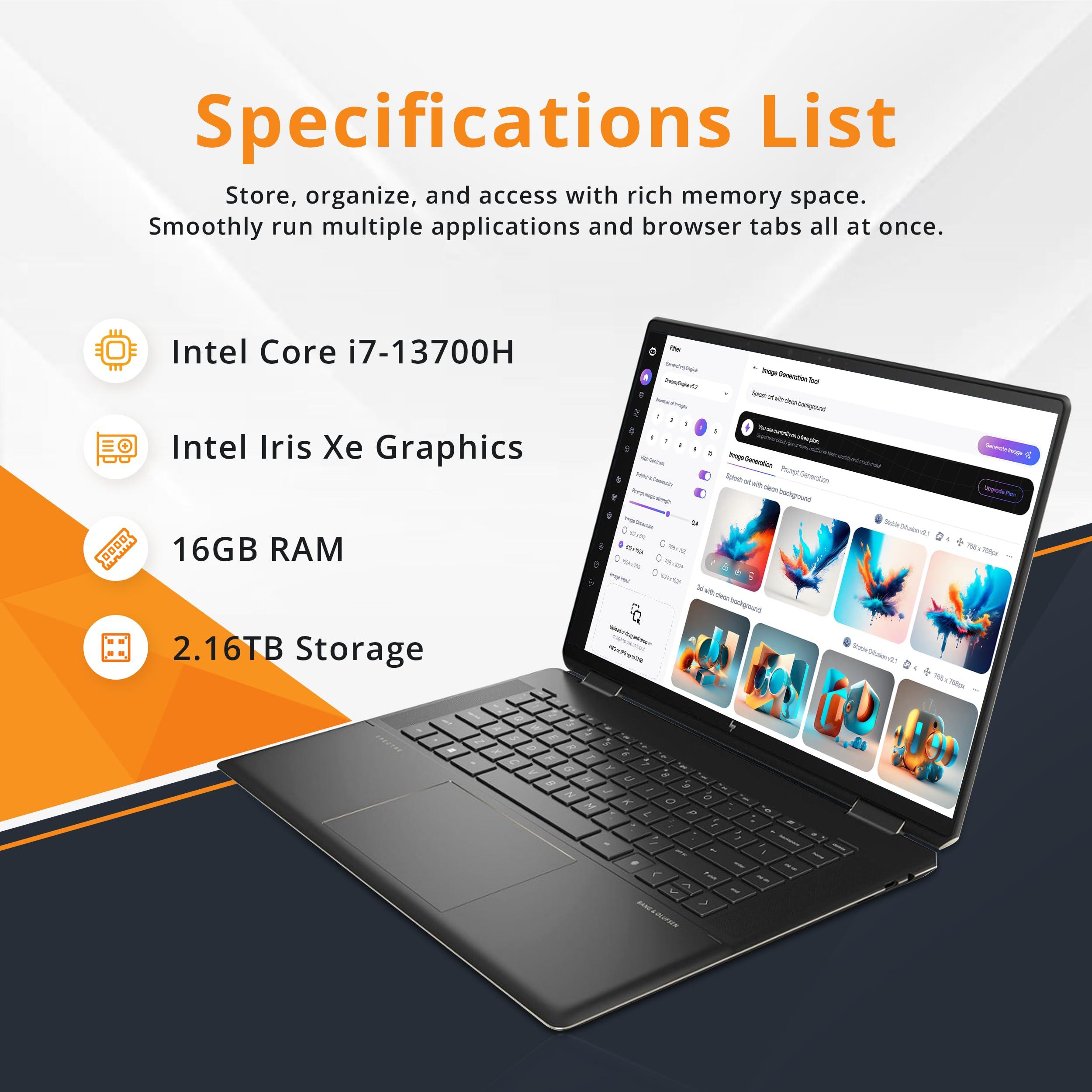 HP HP Spectre x360 16" 3K+ 2-in-1 Touch Laptop, Intel i7-13700H, 16GB RAM, 2.16TB Storage(2TB SSD+160GB Docking Station Set), Backit Keyboard, Fingerprint Reader, Stylus Pen & Sleeve, Win 11, Black