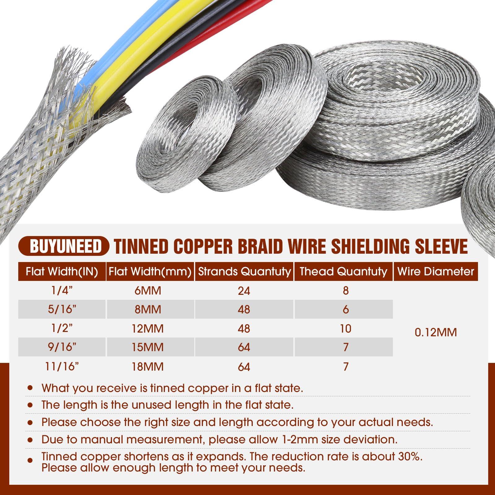 BuyUneed Tinned Copper Grounding Braid Straps Shielding Wire Sheathing Cable Sleeve Metal Flat Mesh Flexible Expandable (1/2 in Wide(0.32 in Dia)-15ft)