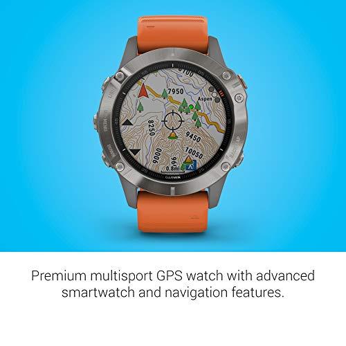 Garmin Garmin fenix 6 Sapphire, Premium Multisport GPS Watch, Features Mapping, Music, Grade-Adjusted Pace Guidance and Pulse Ox Sensors, Titanium with Orange Band