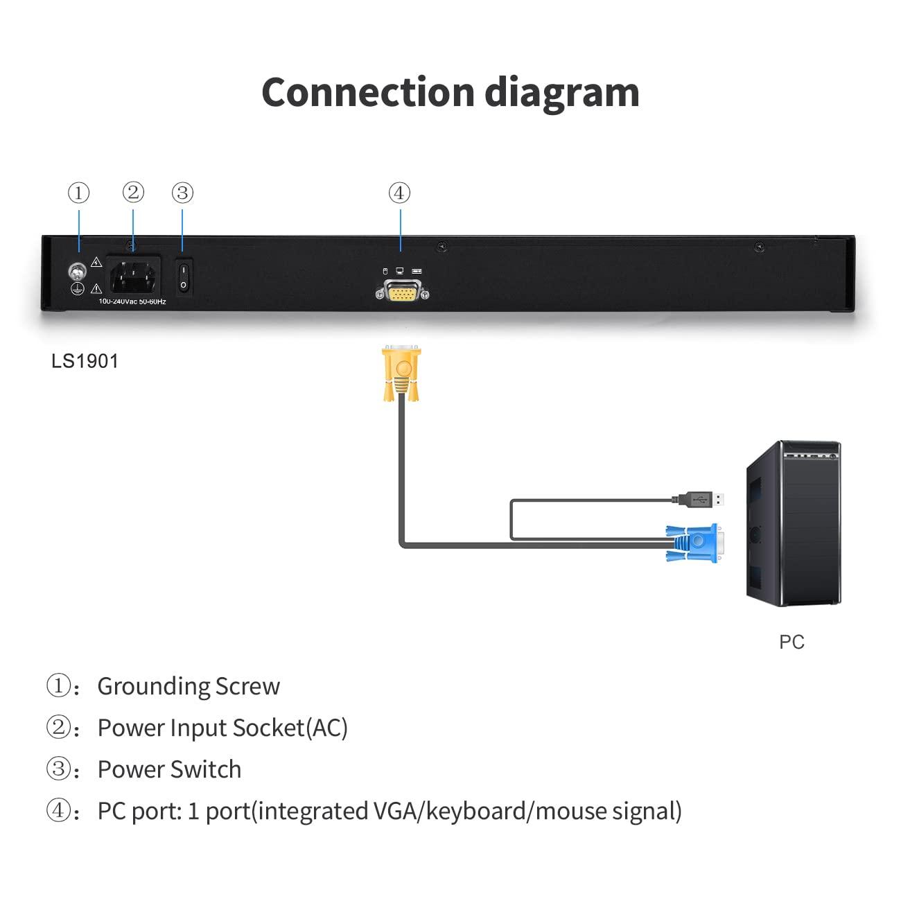 Kinan Rack Mount KVM Console, 19" Rack Mount Monitor, Single Port VGA KVM, 1U LCD KVM Drawer with Keyboard and Touch Pad, 17.6"x19.9"x1.67" (W x D x H),12801024@60Hz, USB/VGA KVM Cable Included,50,000 MTBF