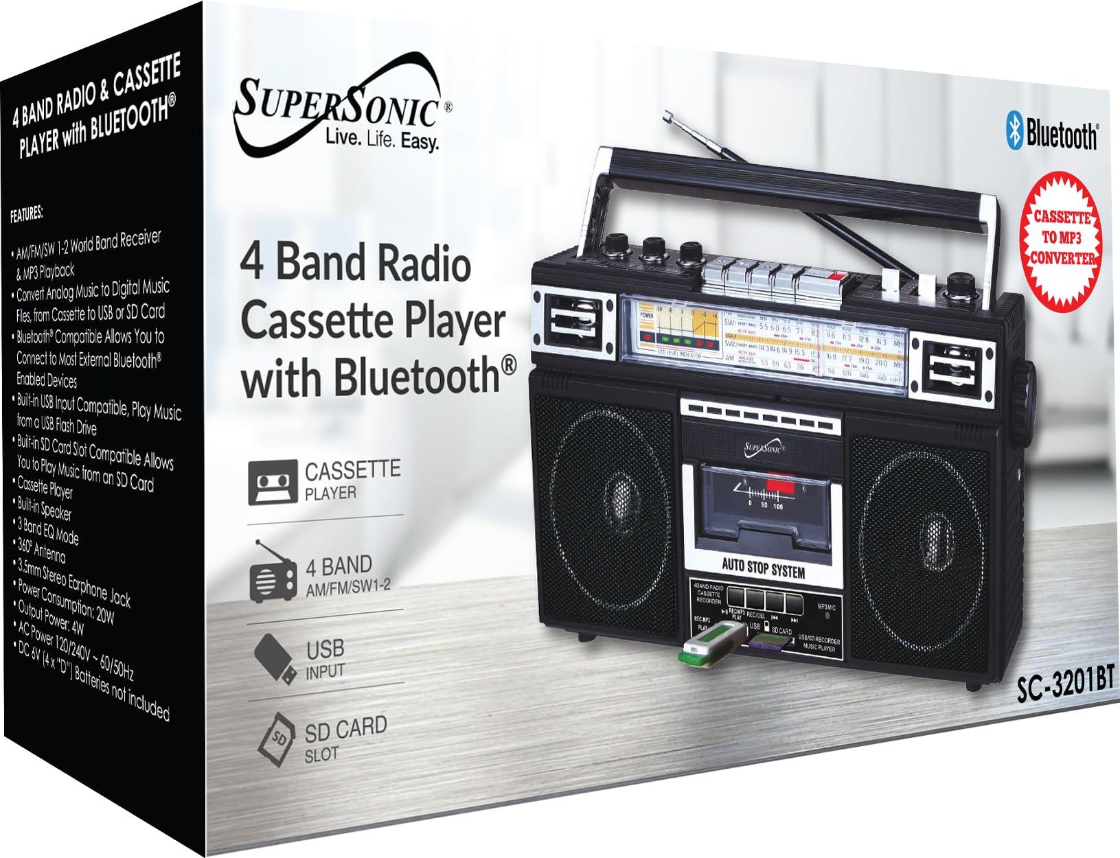 Supersonic Supersonic SC-3201BT 4 Band Radio & Cassette Player Boombox, Bluetooth Speaker, AM/FM/SW Radio with MP3 Playback, USB & SD Card, 3 Band EQ and Earphone Jack