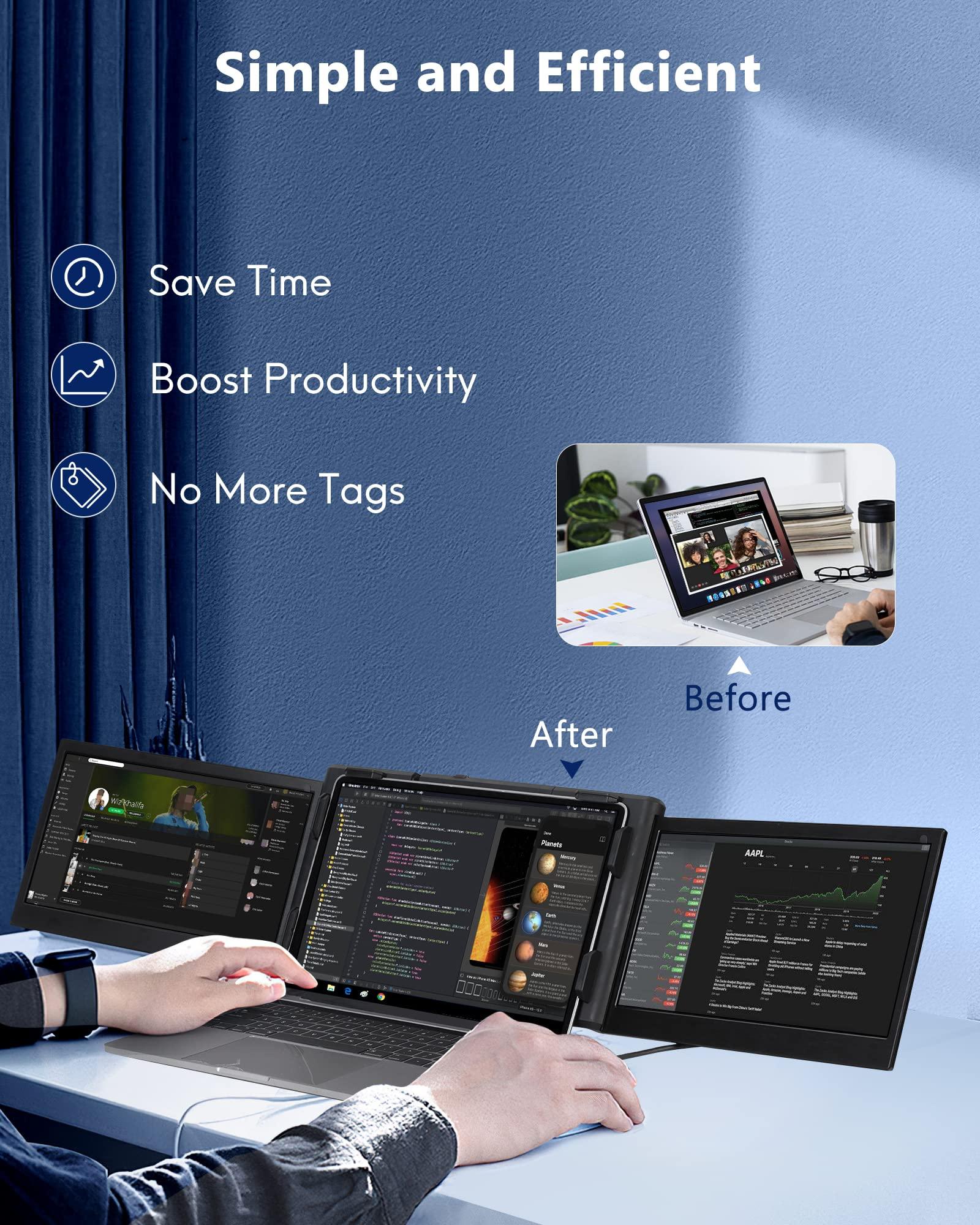 Alecewey Alecewey Triple Portable Monitor for Laptop Screen Extender Dual Monitor Extender 12 Inch FHD 1080P IPS Display Extender 2 Type-C P2S for 13-16.5 Inch ComputerOnly Windows