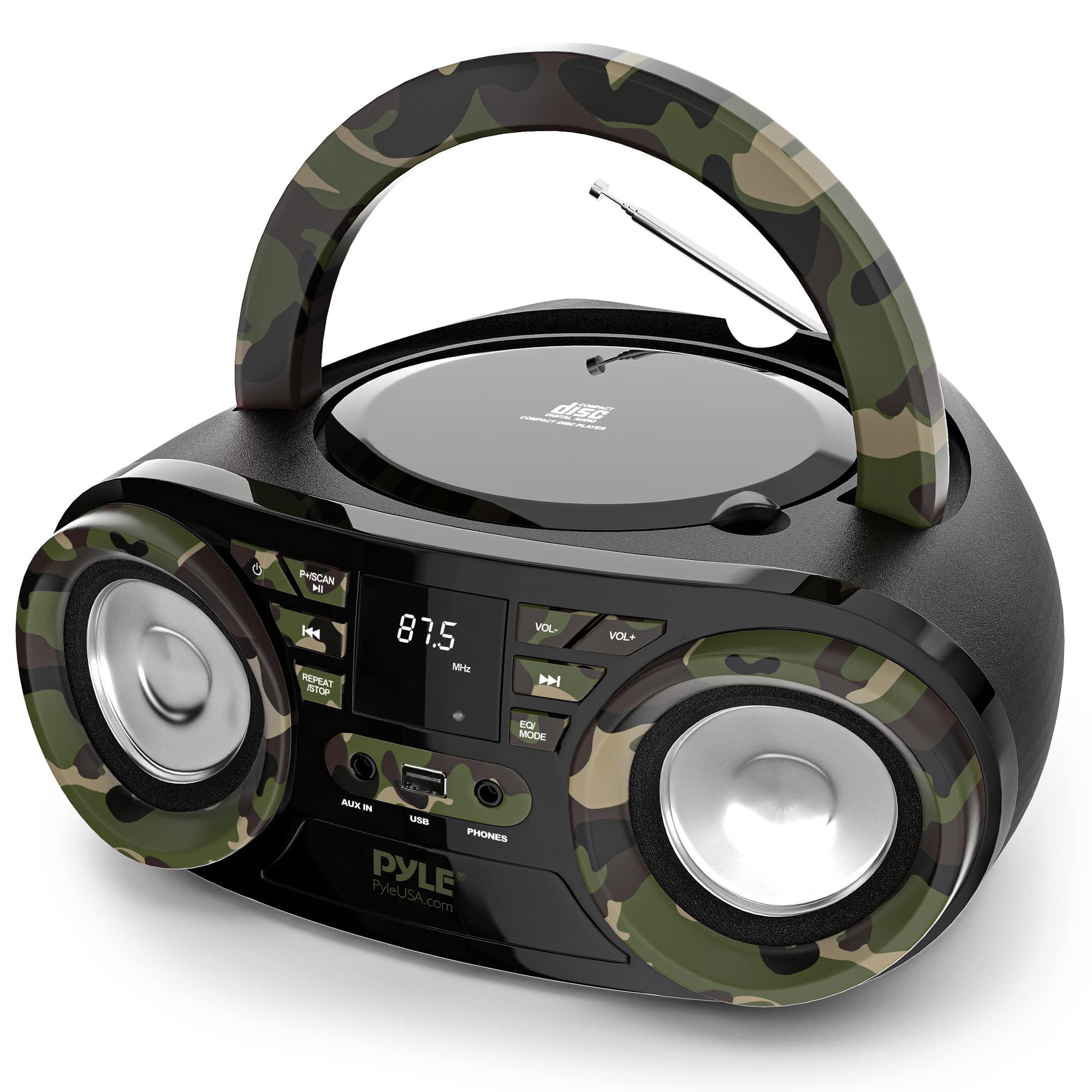 Pyle Pyle Portable CD Player Bluetooth Boombox Speaker - AM/FM Stereo Radio & Audio Sound, Supports CD-R-RW/MP3/WMA, USB, AUX, Headphone, LED Display, AC/Battery Powered, Camouflage - Pyle PHCD55.5
