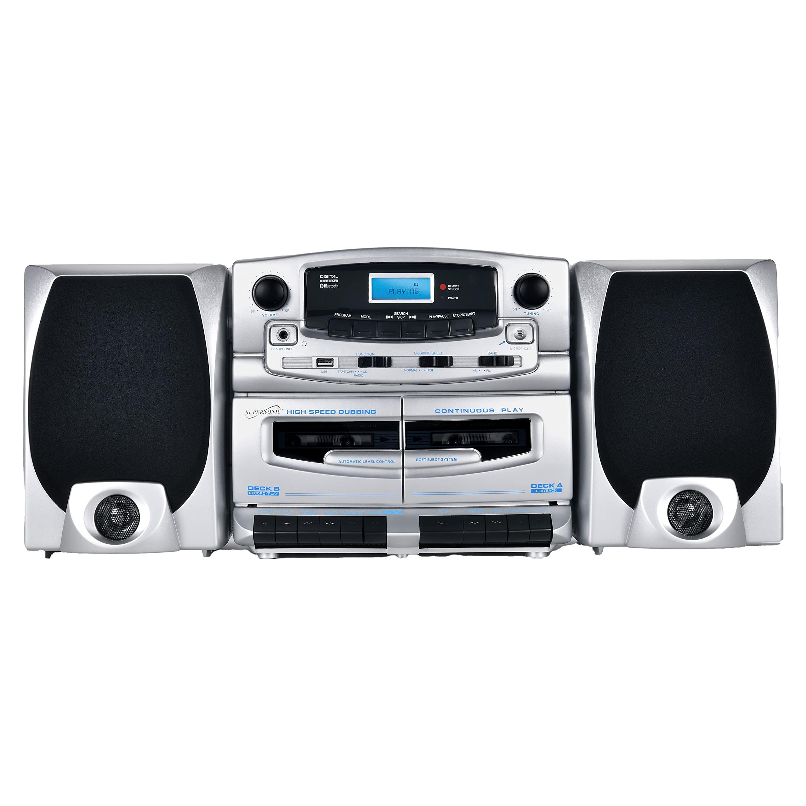 Supersonic Supersonic SC-2121BT Bluetooth Entertainment Audio System, Bluetooth 5.0, op Loading MP3/CD Player, AM/FM Radio, USB Input, Double Cassette Recorder, High-Performance Detachable Speakers, AC/DC