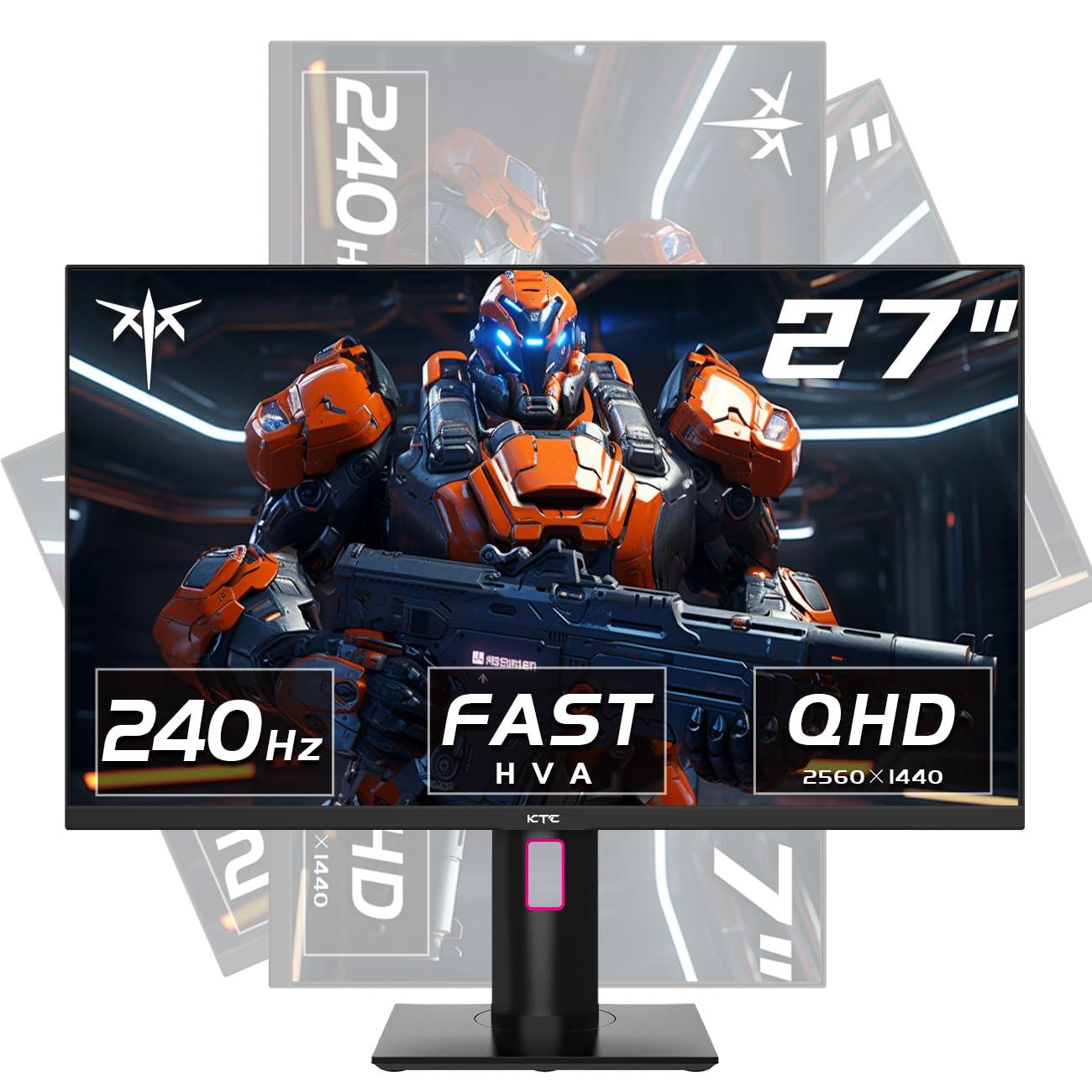 KTC KTC 27 Inch 240Hz Gaming Monitor, QHD 2560x1440 Monitor, Fast HVA, HDR400, G-Sync/FreeSync Compatible, USB/Type C/DisplayPort/HDMI, VESA Mountable, Pivot Height Tilt Adjustable, H27E22