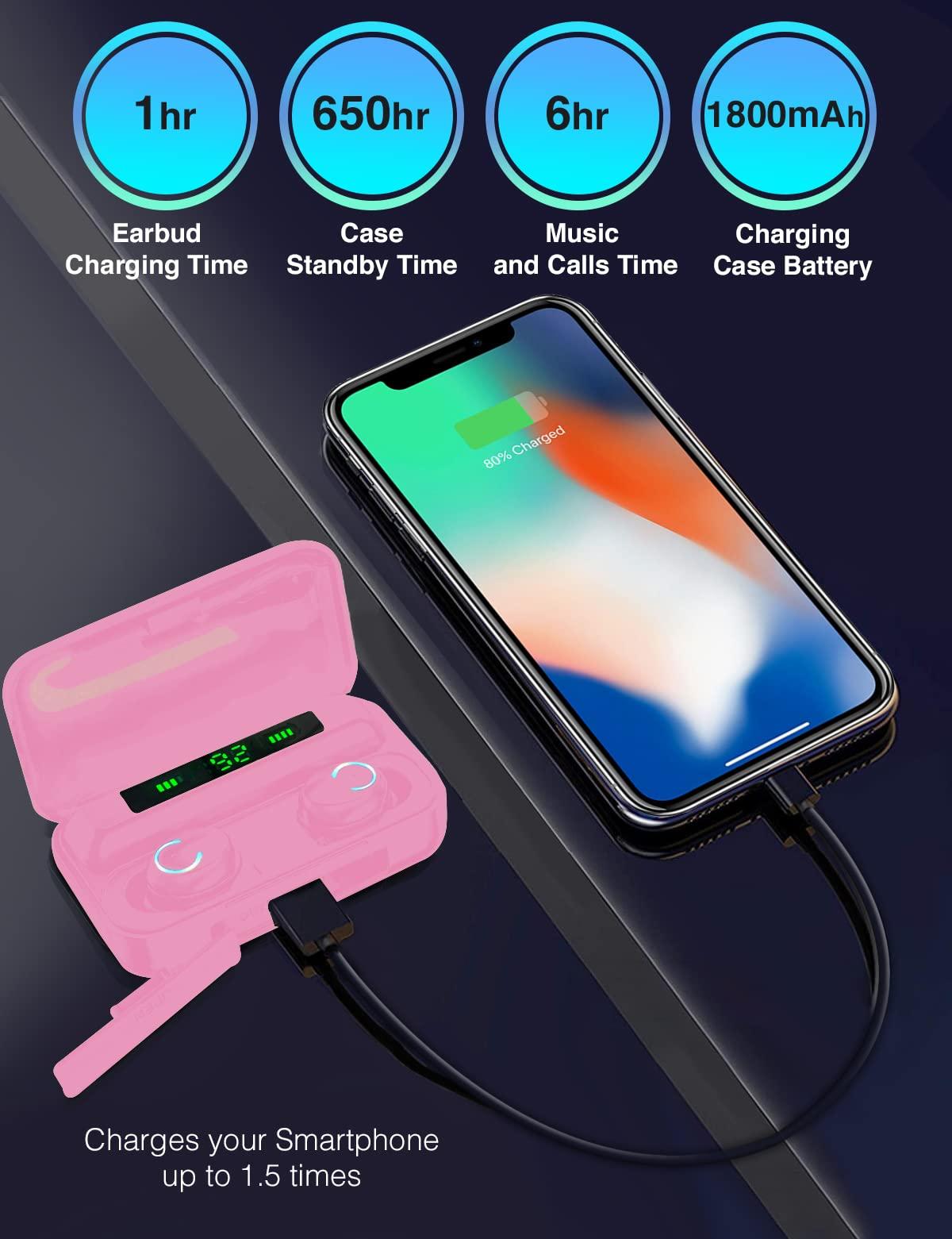 eDealz eDealz 5.0 IPX7 Waterproof Earbud Headphones with Microphone, Rechargeable Smart Charging Case Powerful Surround Stereo Bass and Passive Noise Cancelling (Pink)