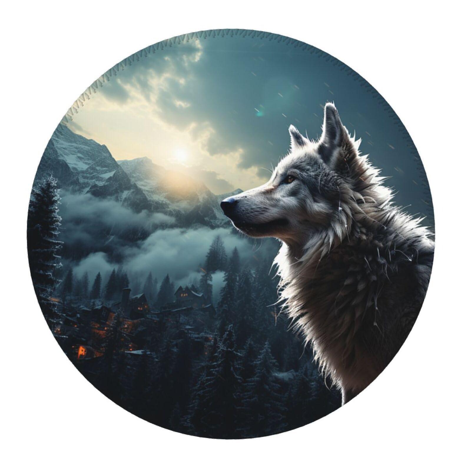 YoupO Mouse Pad, Wolf at Night Printed Round Mouse Mat with Non-Slip Rubber Base,Stitched Edge Mousepad for Office Home Gaming Work Study