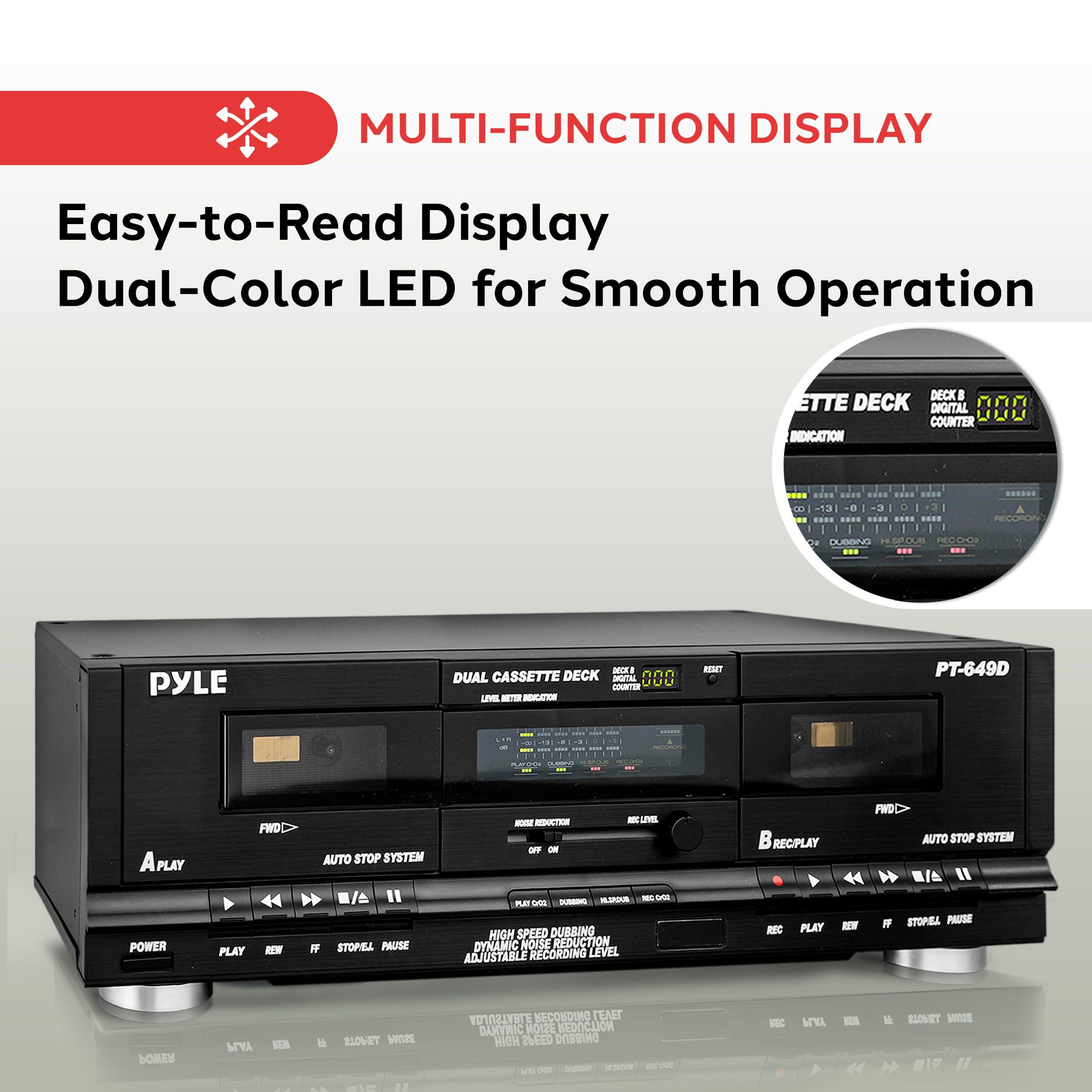 Pyle Pyle Home Digital Dual Cassette Deck Media Player Music Recording Device with RCA Cables Switchable Rack Mounting Hardware CrO2 Tape Selector Included 3 Digit Counter - 110V/220V