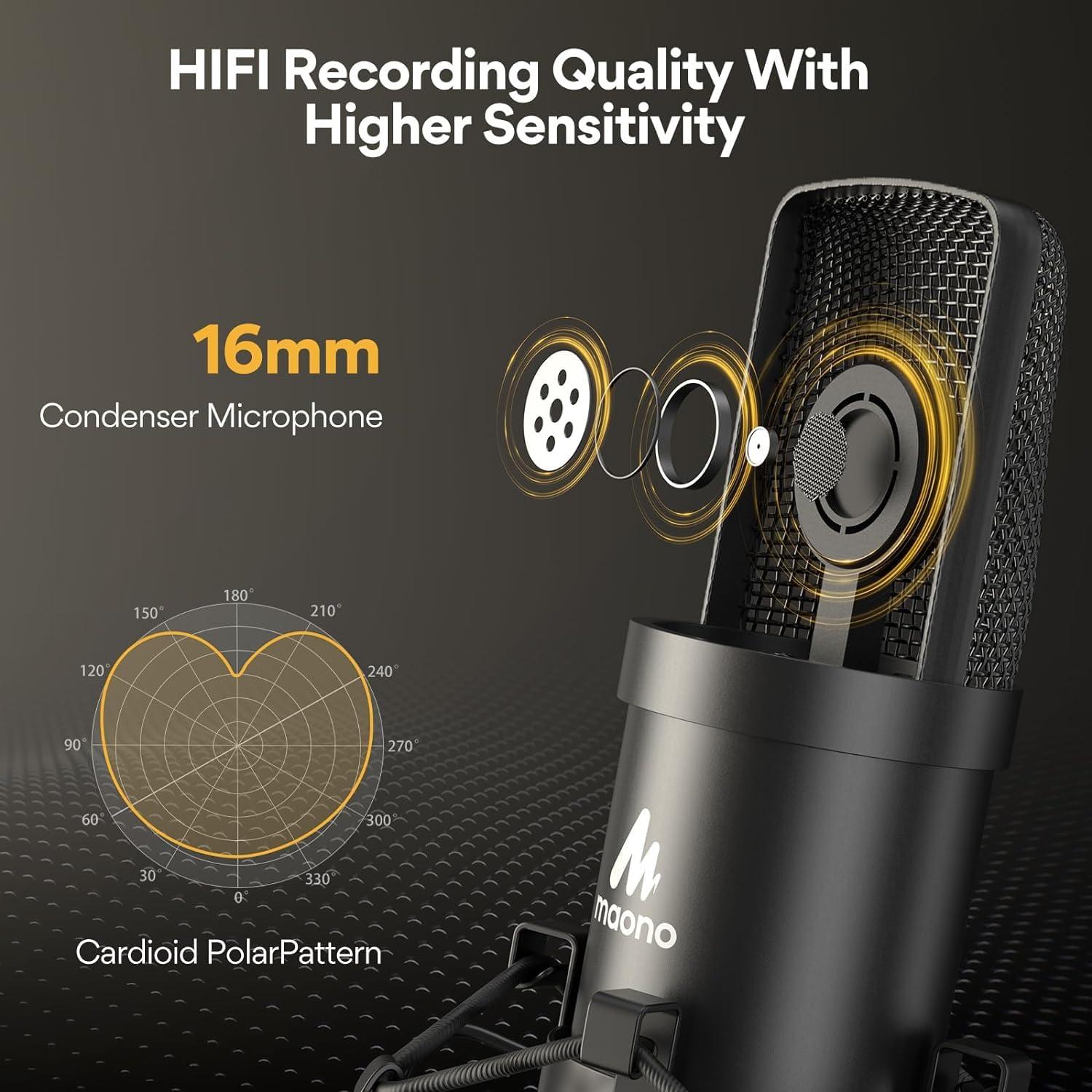 Generic Generic USB Microphone, 192KHZ/24Bit Plug & Play PC Computer Podcast Condenser Cardioid Metal Mic Kit with Professional Sound Chipset for Recording, Gaming, Singing, YouTube (AU-A04)