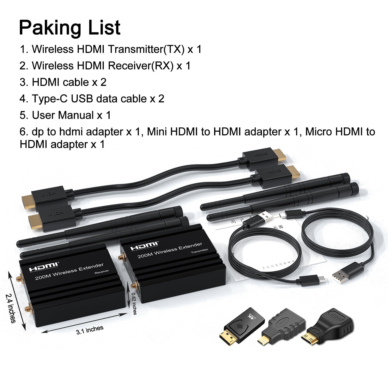 RIJER Wireless HDMI Transmitter and Receiver 4k decoding, One Transmitter and One Receivers, Long Range Wireless Transmission 656FT/200M,Plug-Play, 2.4/5.8G for PC/Laptop/TV to Monitor/Projector/HDTV