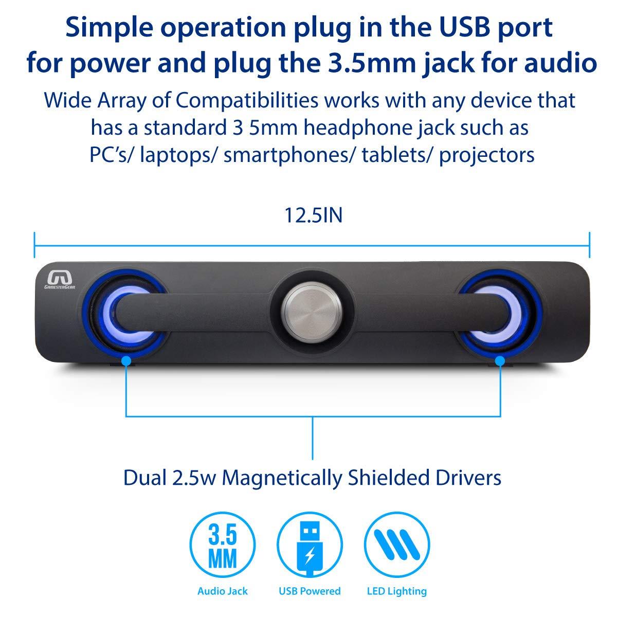 Syba GamesterGear Desktop Compact USB Powered Wired Multimedia Mini Stereo Sound Bar 3.5mm Audio Jack Blue LED 2.5 Watts Speaker