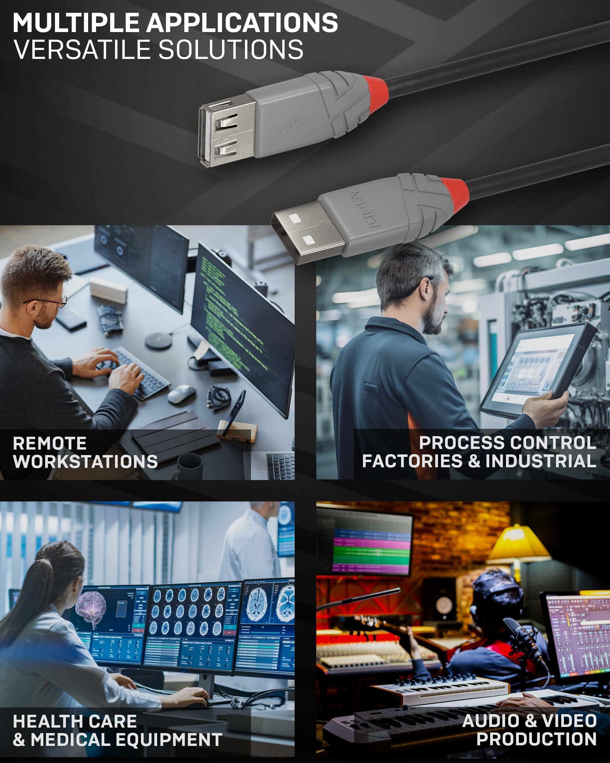 Lindy LINDY USB 2.0 Type A Extension Cable 2m, USB A Male to A Female Cable, Data Transfer Compatible for Printer, PC, Laptop, Scanner, Camera, Keyboard, Hard Drive, USB Disk, Anthra Line - Black