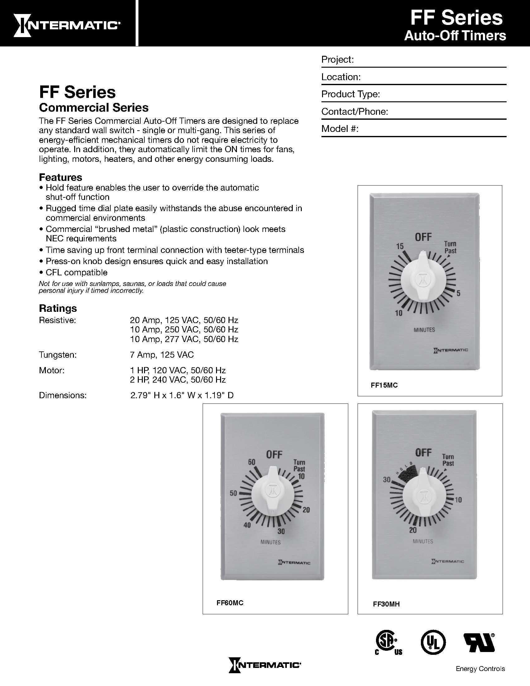 Intermatic Intermatic FF34HH 4-Hour Spring Loaded Wall Timer with Hold - Versatile SPDT Control - Energy-Saving Universal Compatibility, Brushed Metal Finish
