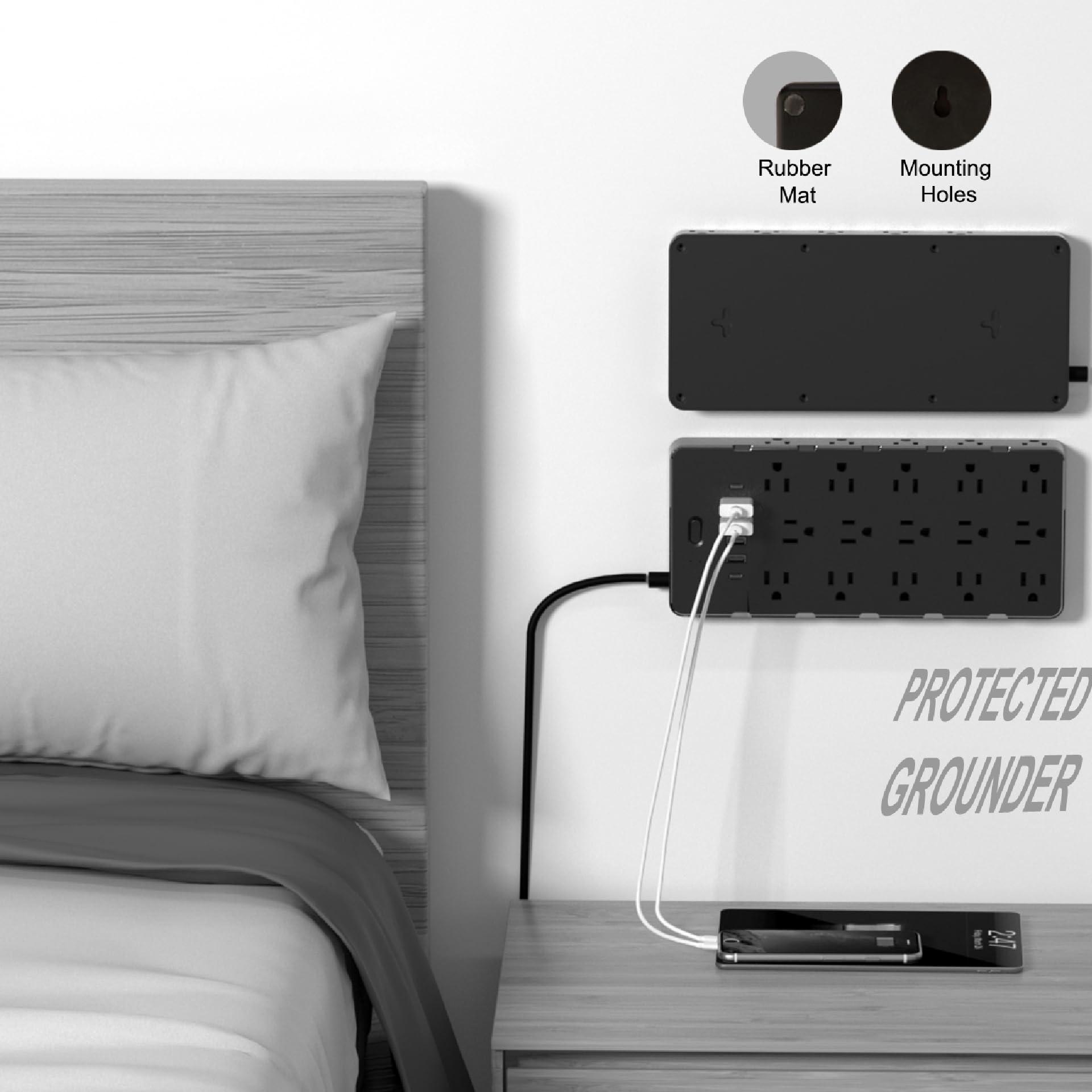 NANOLAKE Large Surge Protector Power Strip with USB Ports (4A+2C),Heavy Duty Extension Cord 14 Gauge 6.5 Ft,4000 Joules Surge Protection,25 Spaced AC Outlets,for Commercial,Home,Office,Dorm,Black,ETL Listed