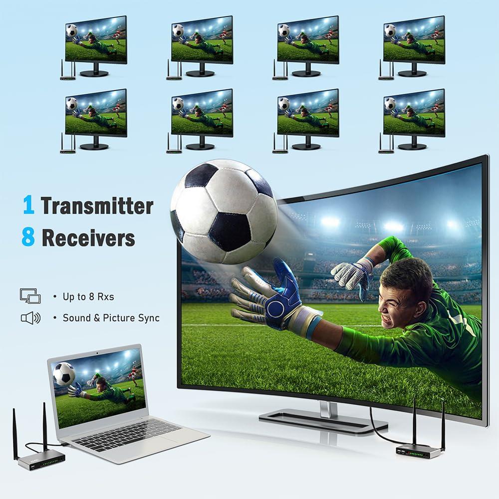 TIMBOOTECH TIMBOOTECH Wireless HDMI Transmitter & 2 Receivers, Multiple TVs, 5.8G HDMI Wireless Extender, 1080P@60Hz, 820FT, KVM, IR Remote, HDMI Loop Out, Live Stream Video &Audio to Multiple Displays(1TX+2RX)