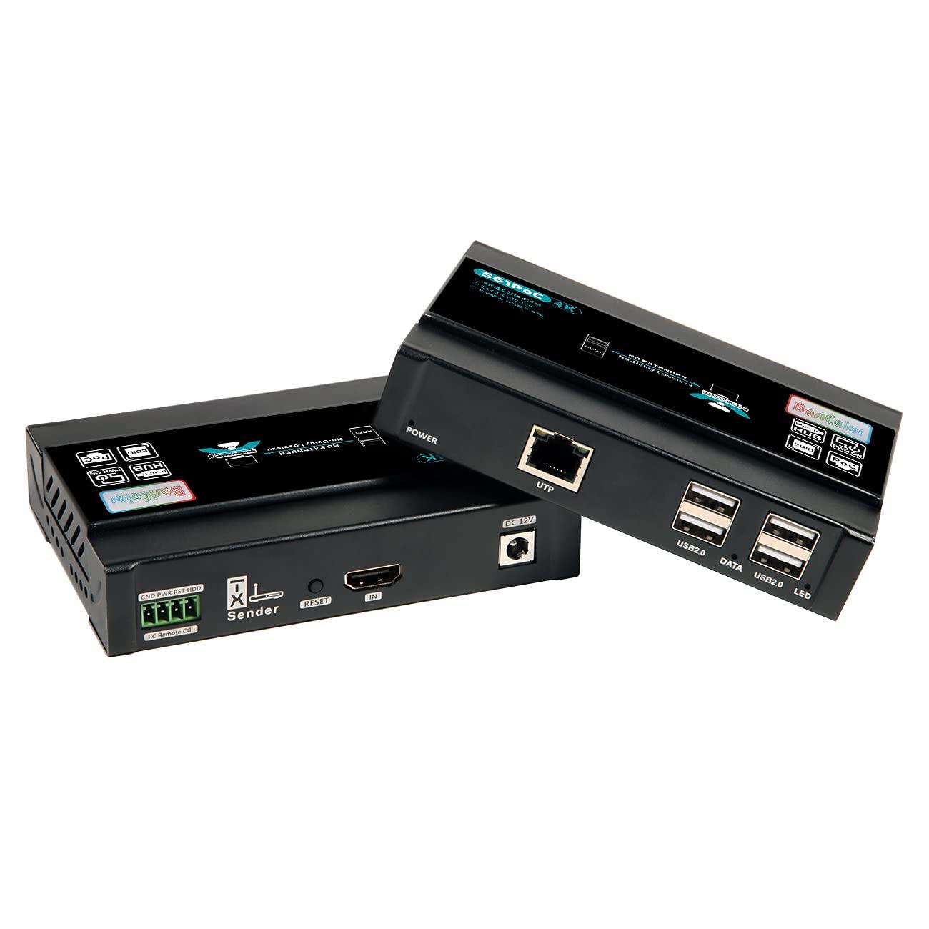 Basicolor Basicolor HDMI KVM USB Extender, 4K@60Hz Ethernet Extender Over Cat5 Cat6 Up to 196Ft(60m), Video Transmit Lossless and Near Zero Latency, Plug&Play HDMI to Rj45, 4xUSB2.0