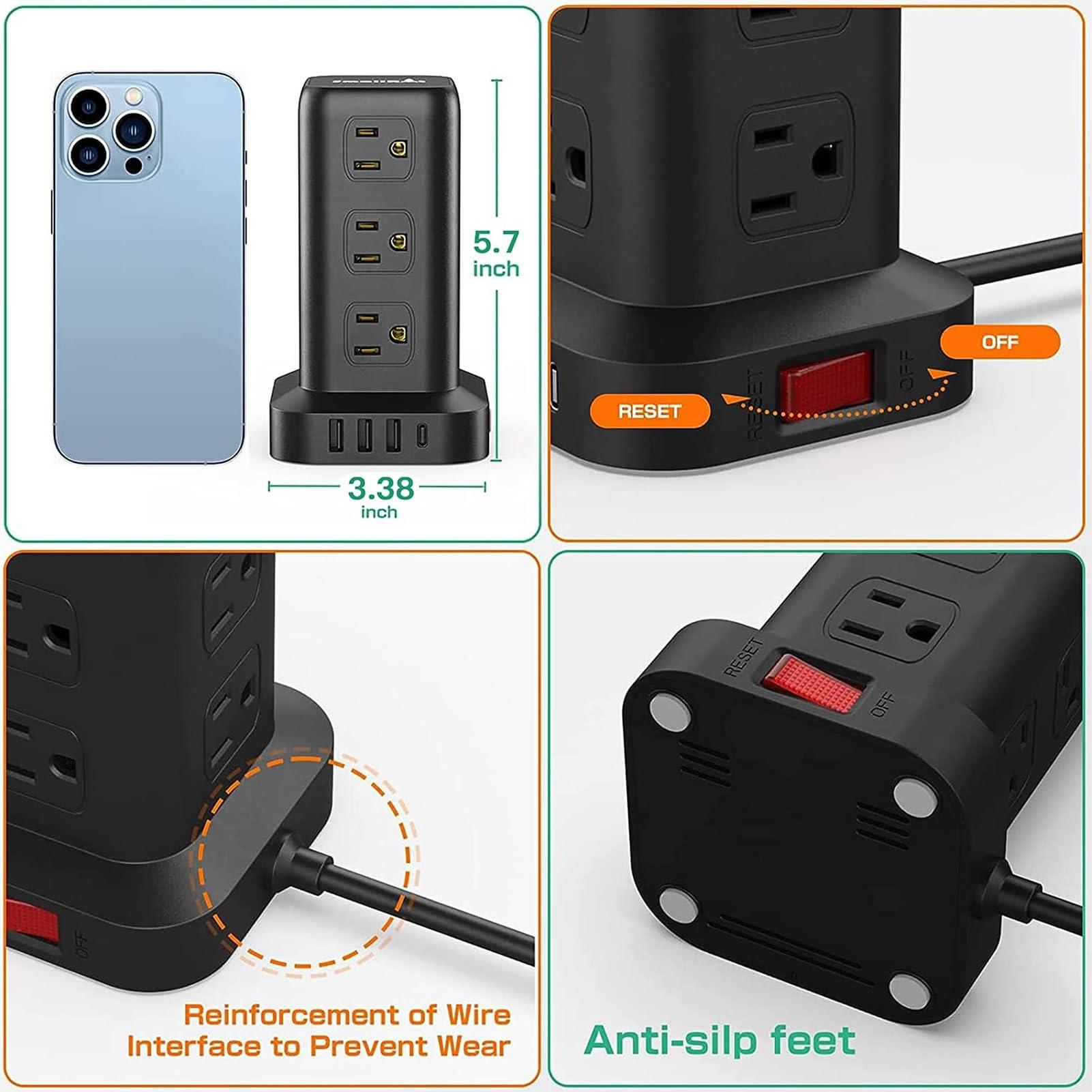 SMALLRT Extension Cord with Multiple Outlets, Surge Protector Power Strip Tower, 12 AC 4 USBSurge Protector Tower 6.5FT Overload Protection for Home Office