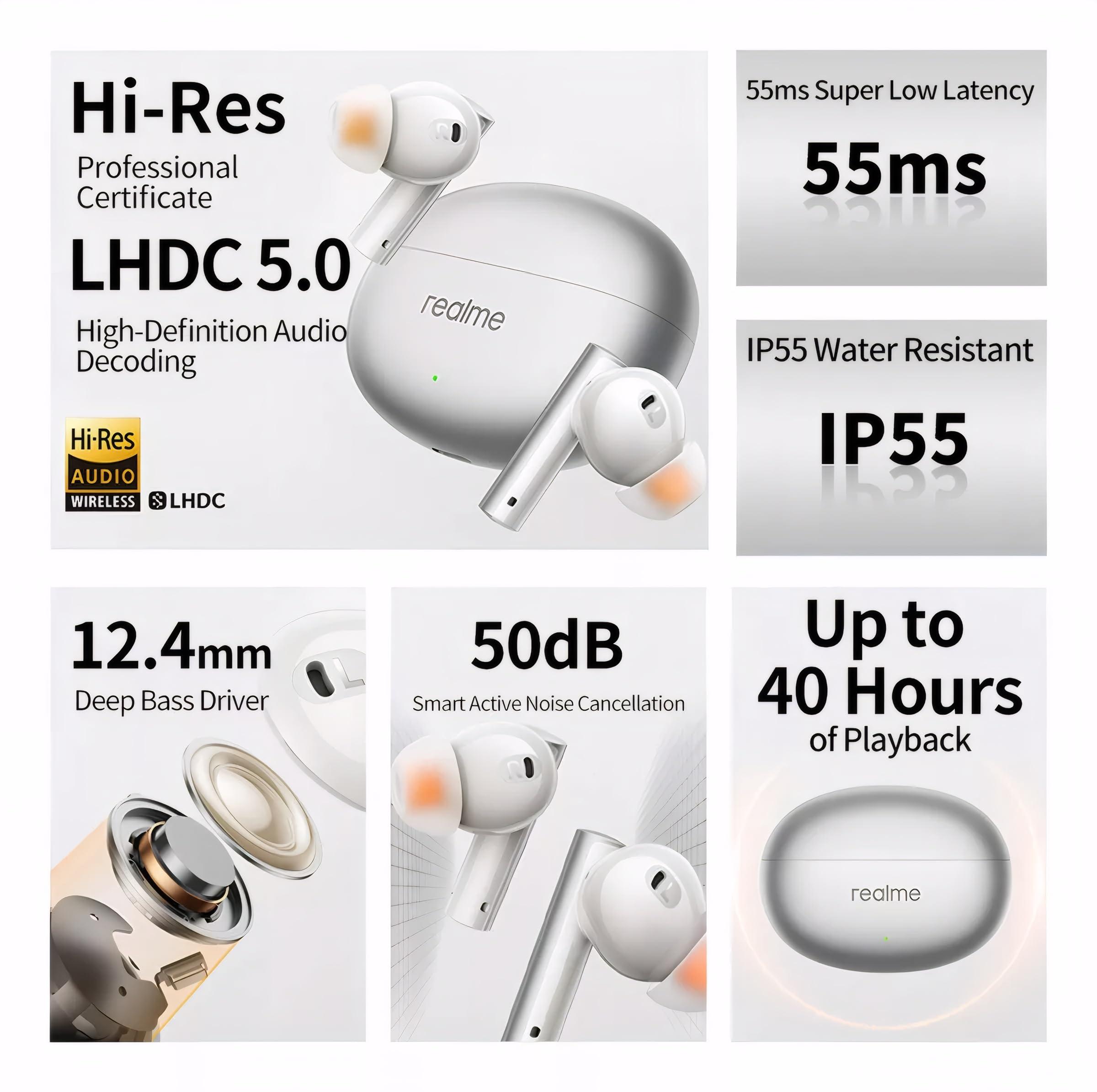 realme realme Air 6 True Wireless Earbuds, 50dB Active Noise Reduction, Hi-Res Sound, LHDC, 12.4mm Dynamic Bass Driver, 6 Mics Clear Call, 40H Battery, Bluetooth 5.3, IP55 Water Resistance - (Green)