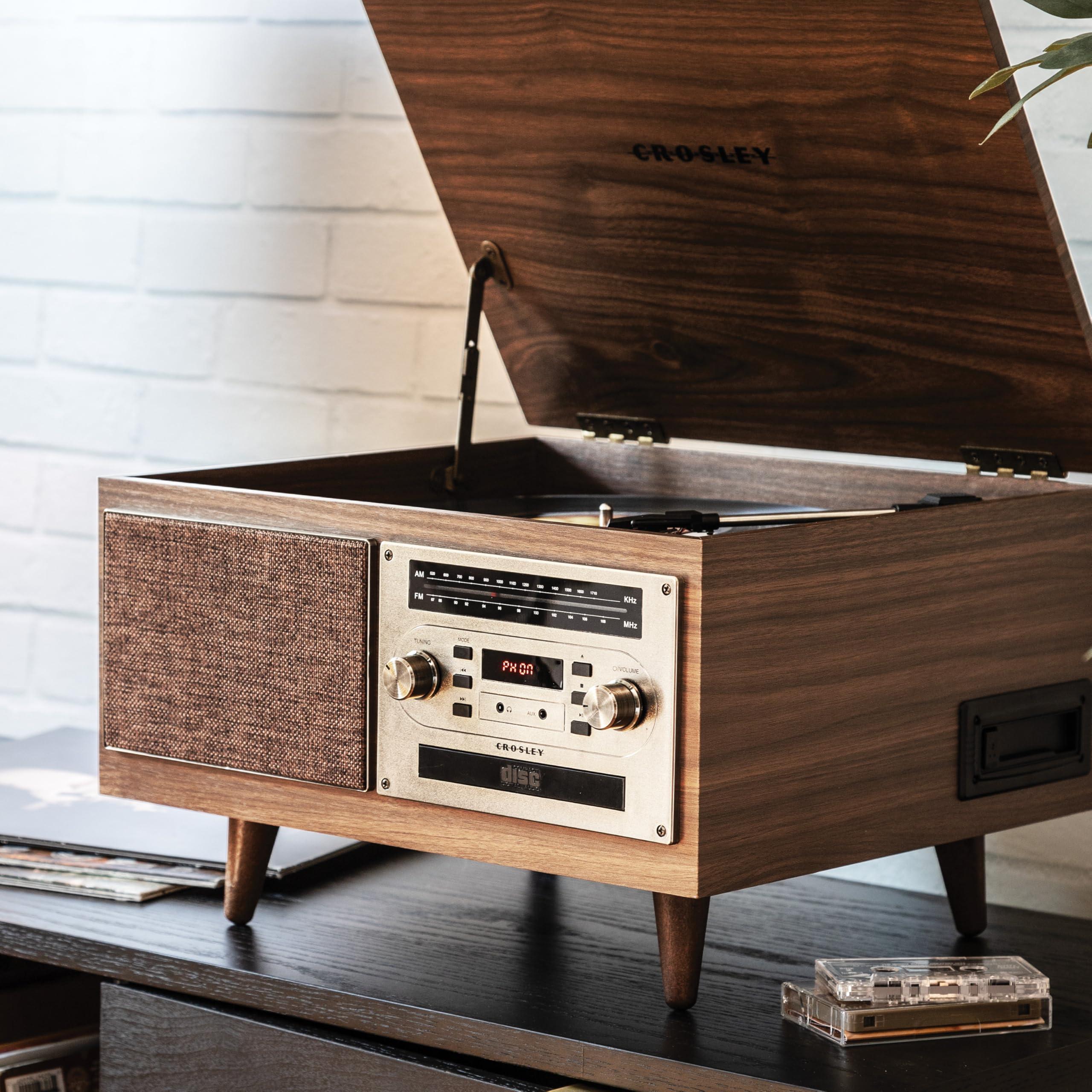 Crosley Crosley CR7023A-WA Serenade 8-in-1 Vinyl Record Player with 3-Speed Turntable, Bluetooth, AM/FM Radio, CD, Cassette, and Aux-in, Walnut