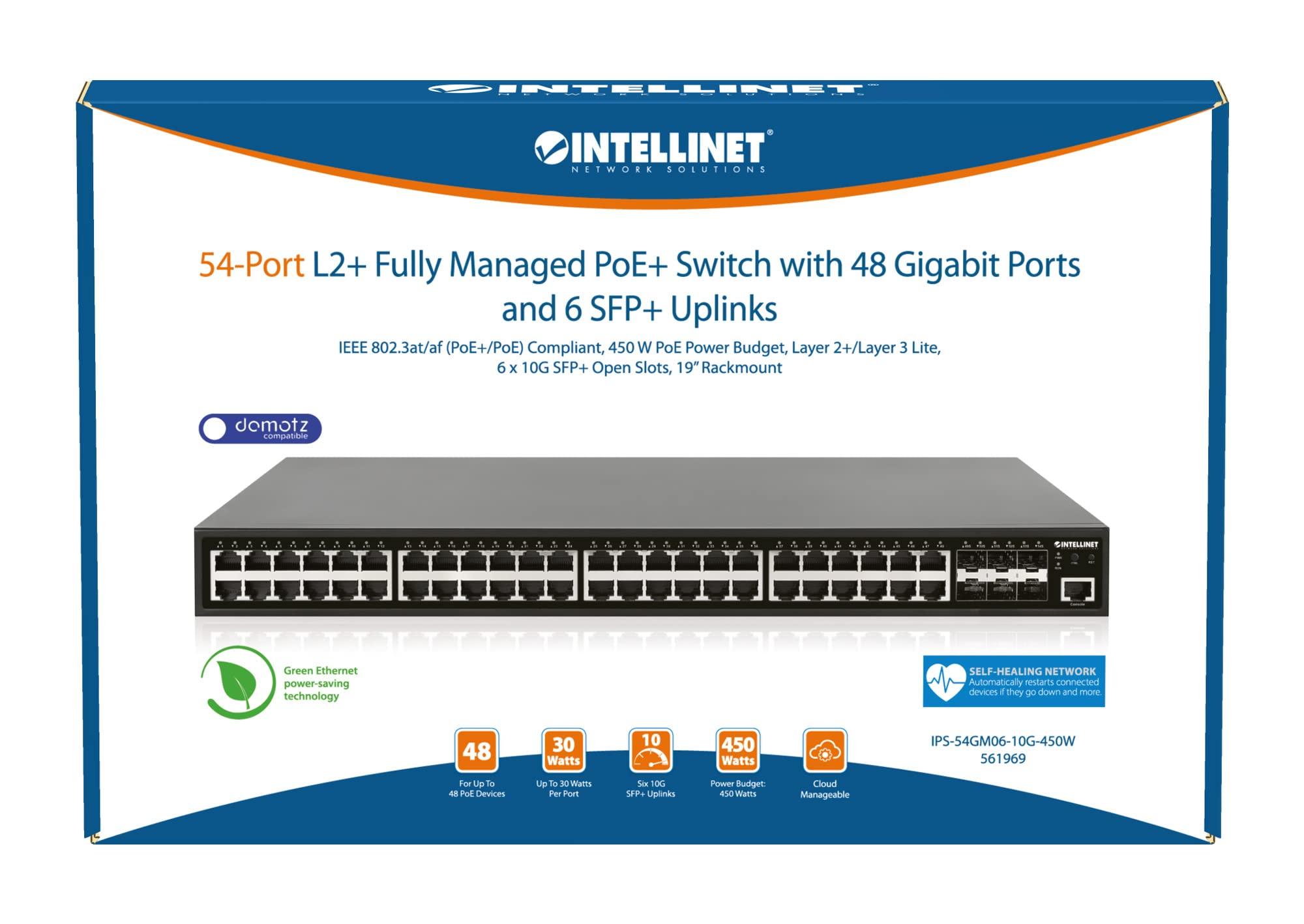 Intellinet Intellinet 54 Port Gigabit L2+ Managed Ethernet PoE Switch - 48 PoE+ Ports with 450W Power Budget, 6 SFP+ Slots, Self-Healing, L3-lite, Cloud Management, 19" Rackmount 3 Yr Mfg Warranty-561969