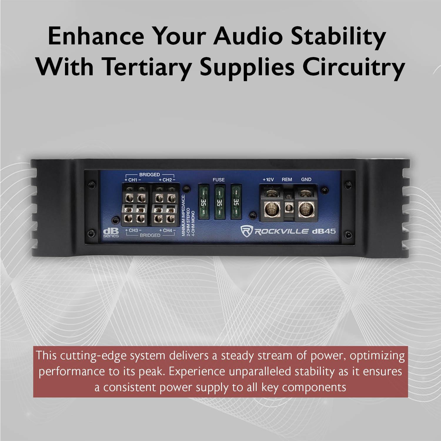 Rockville Rockville dB45 3200W 4-Channel 2-Ohm Car Amplifier, High-Speed MOSFET, Adjustable Crossover, LED, Remote Sub Control, Perfect for Car Audio and Subs