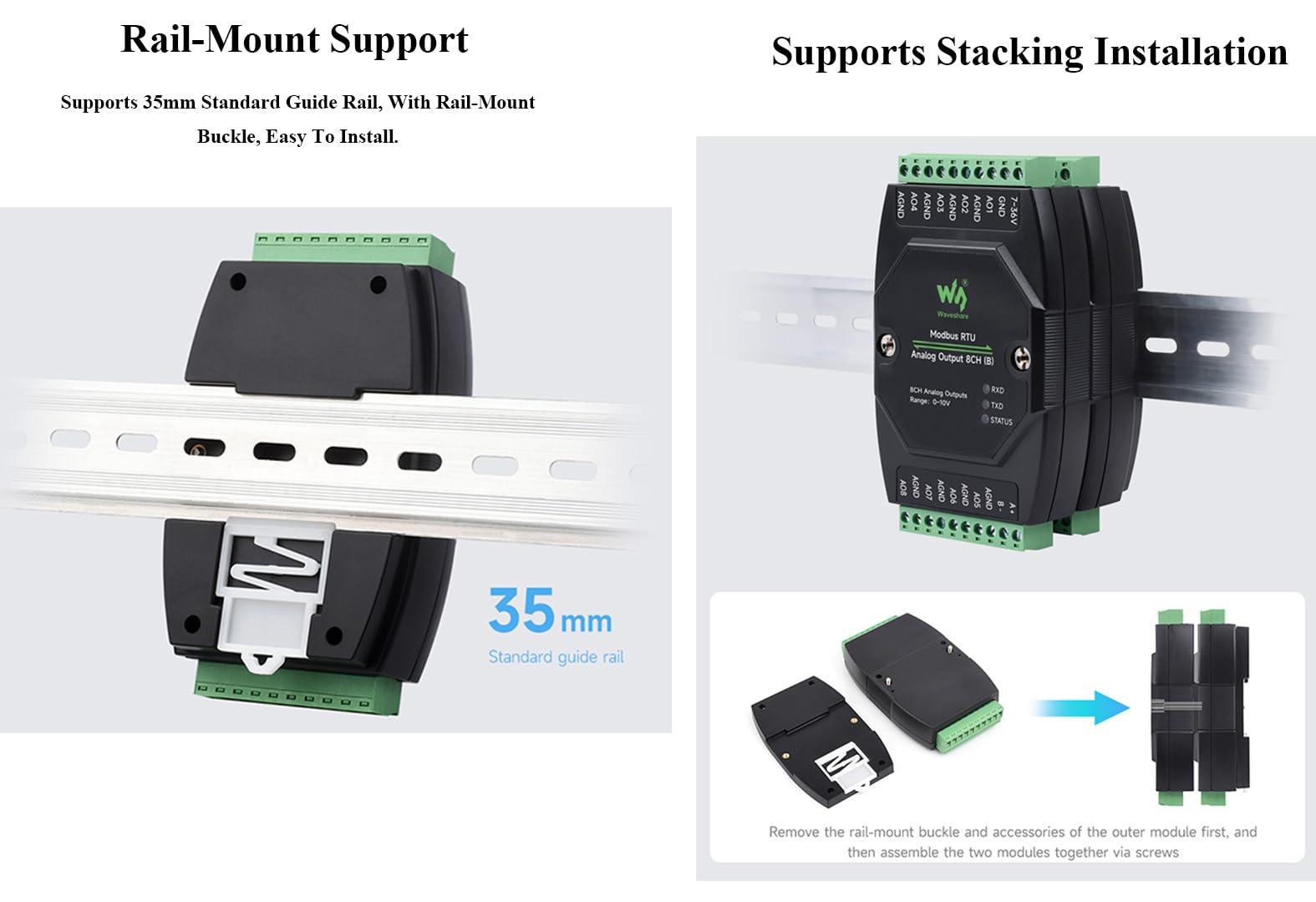 UeeKKoo Industrial 8-Ch Analog Output Module 12-bit DA Conversion DC 7~36V Wide Voltage Power Supply, Sending Modbus RTU Protocol Commands via RS485, 8-CH Simultaneous Current Output (0~20mA)