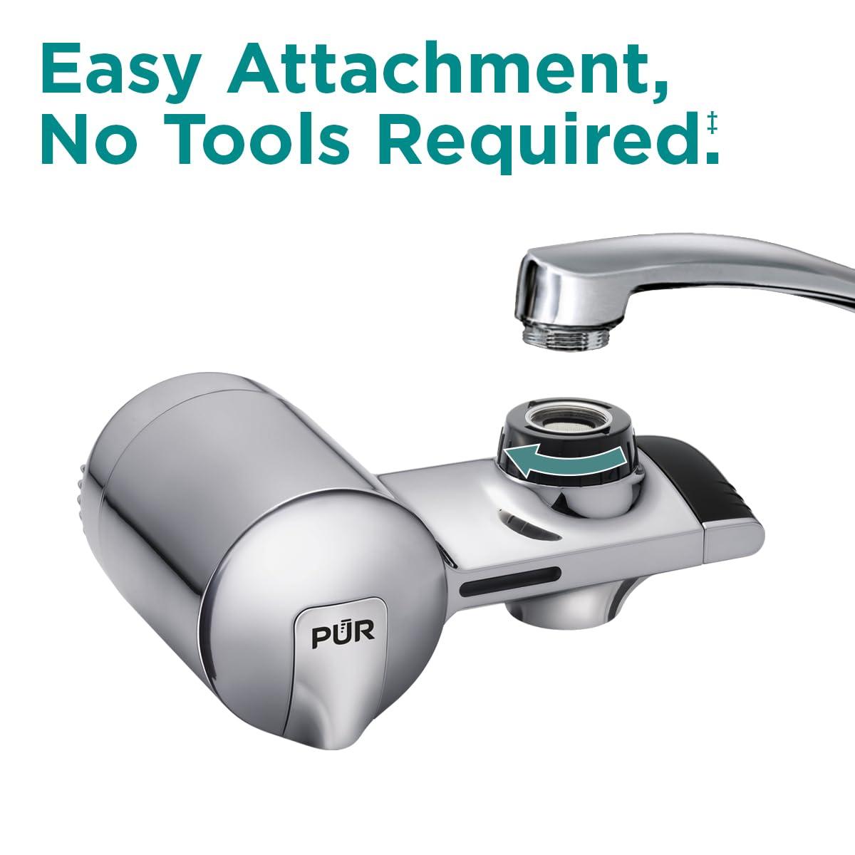 PUR PUR PLUS Horizontal Faucet Mount Water Filtration System with 3-in-1 Lead Reducing Filter for Great-Tasting Filtered Tap Water, Lasts 100 Gallons, Fits Most Kitchen or Bathroom Faucets, Chrome