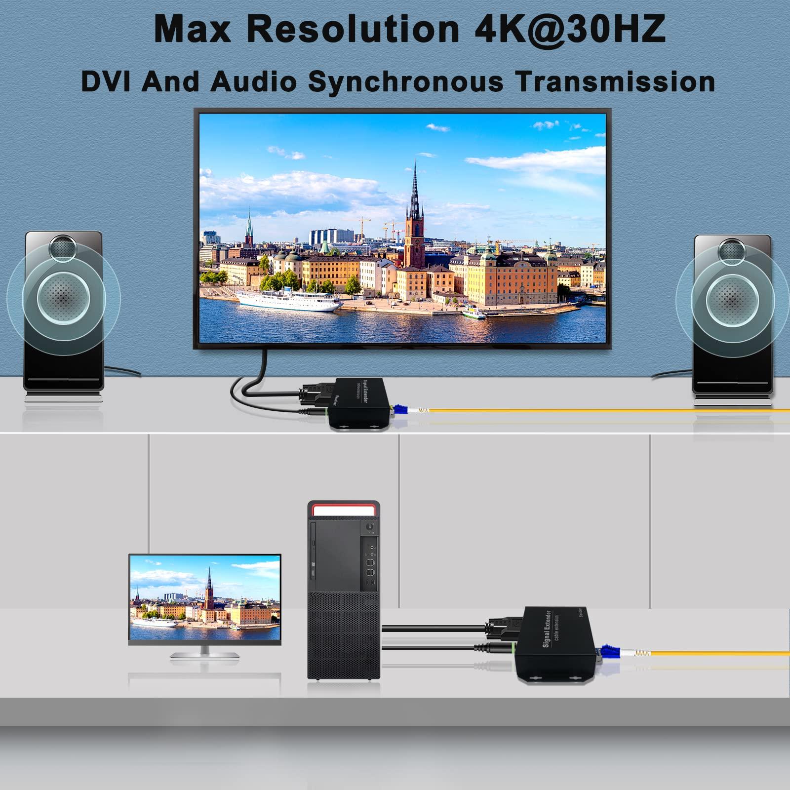 LornCeng 4K DVI KVM Extender Over Fiber up to 20KM, DVI Extender Over SingleMode Fiber Optical Transmitter Receiver Over IP Zero Latency, 4 Ports USB2.0, IR Control, Bidirectional RS232 and Audio